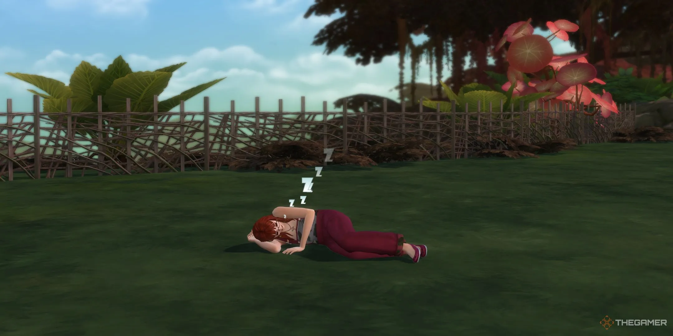 Sim ngủ trên mặt đất, thể hiện khả năng sống dựa vào thiên nhiên (Natural Living Skill) trong Sims 4 Enchanted By Nature.
