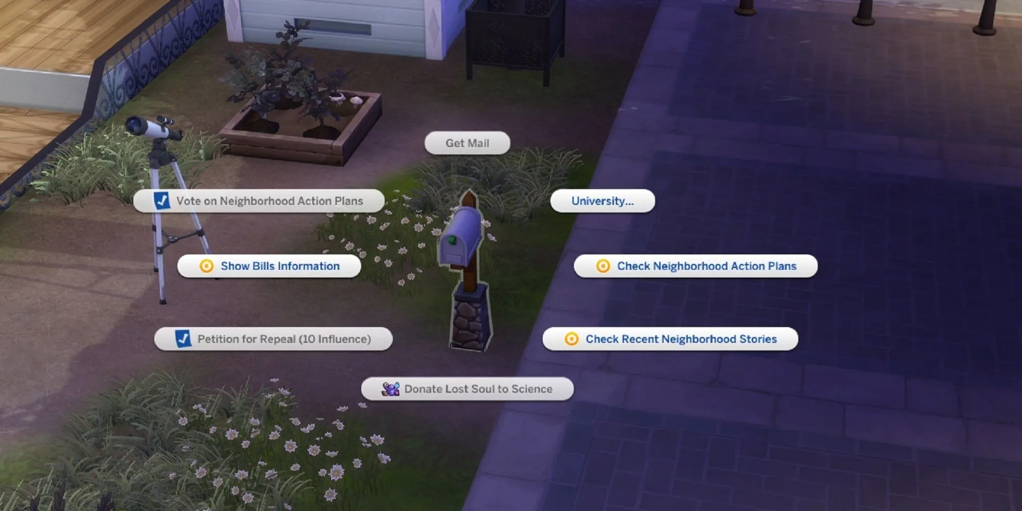 Sims đang tương tác với hòm thư để thanh toán hóa đơn tiện ích trong The Sims 4