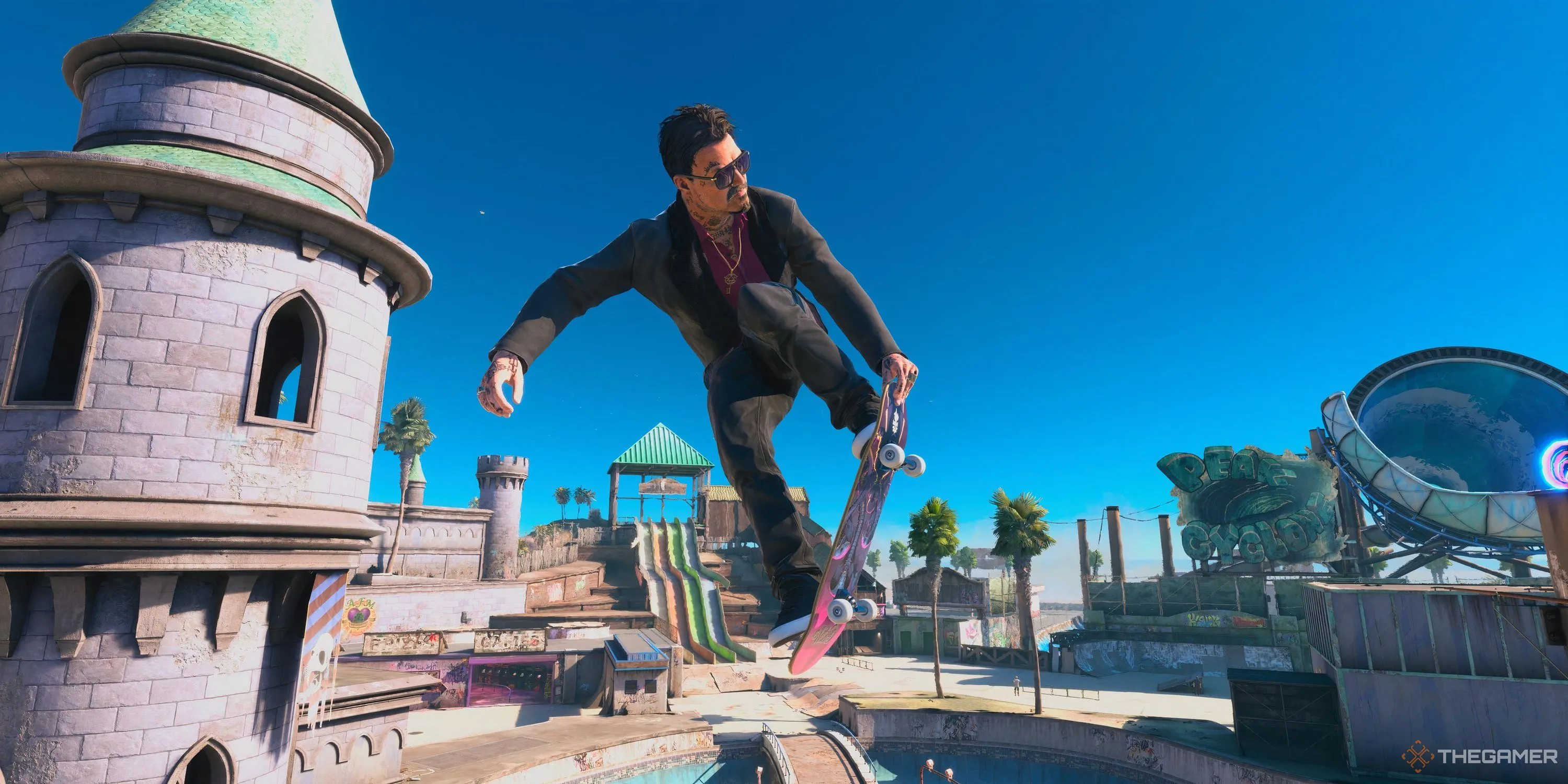 Skater huyền thoại Bam Margera thực hiện cú Nosegrab tại màn chơi Waterpark trong Tony Hawk