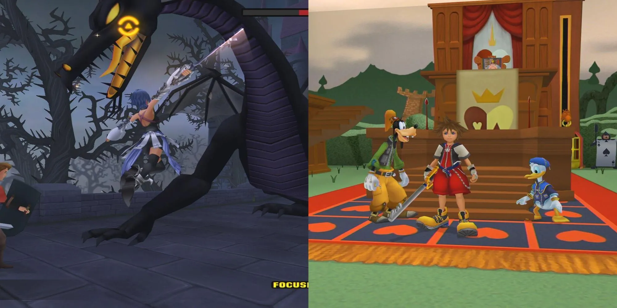 Sora cùng Goofy và Donald đối mặt với kẻ thù trong thế giới Disney của Kingdom Hearts 2