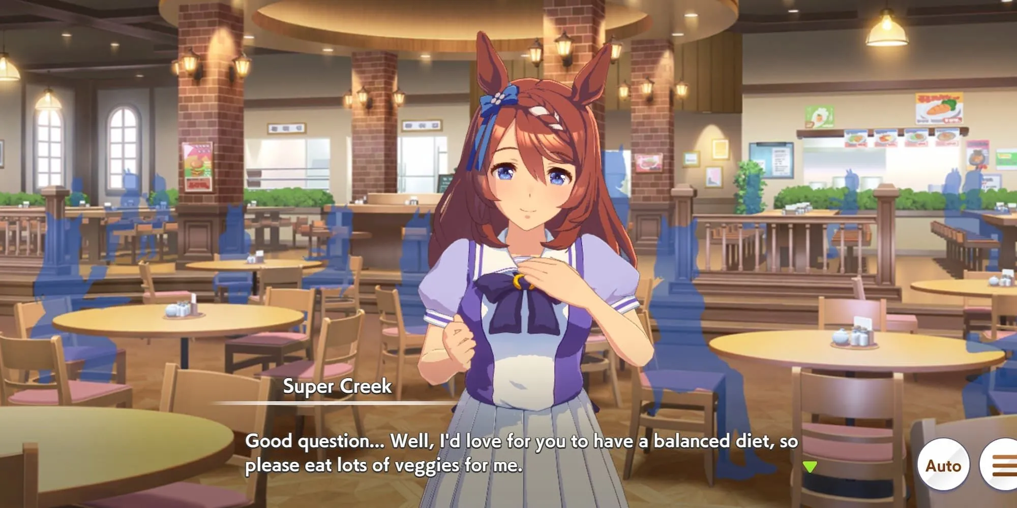 Super Creek trong Umamusume với trang phục đua, đứng tạo dáng