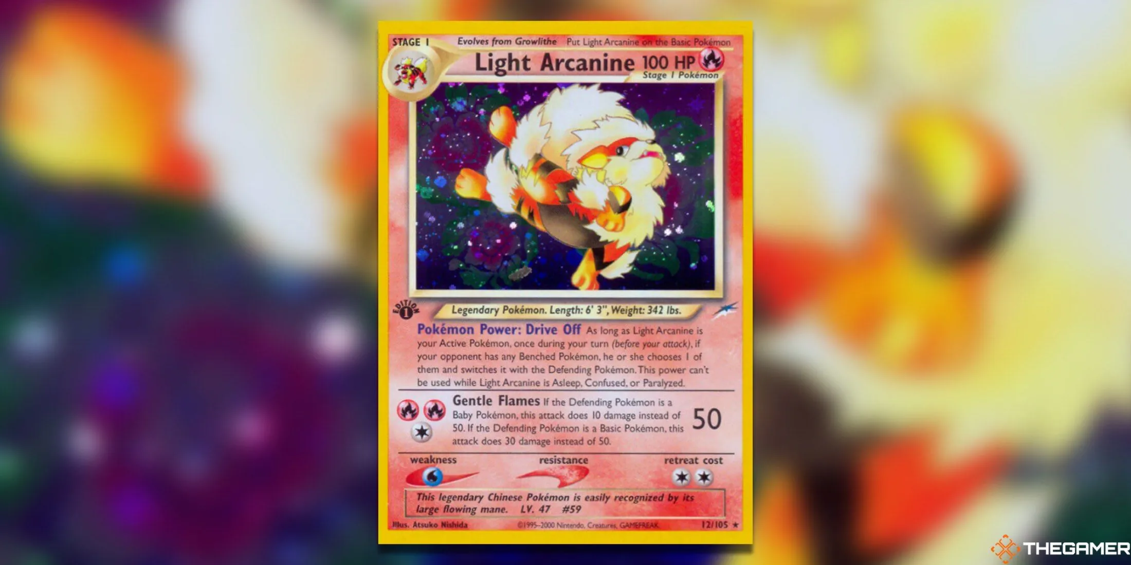 Thẻ bài Holo Rare Light Arcanine từ bộ Neo Destiny của Pokemon TCG.