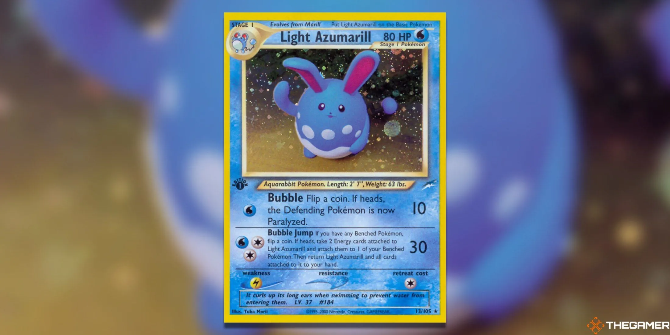 Thẻ bài Holo Rare Light Azumarill từ bộ Neo Destiny của Pokemon TCG, với phong cách nghệ thuật đất sét độc đáo.