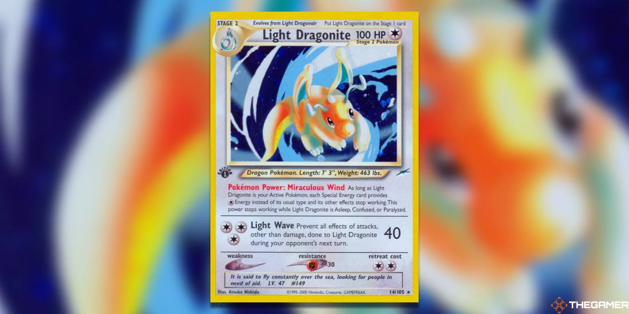 Thẻ bài Holo Rare Light Dragonite từ bộ Neo Destiny của Pokemon TCG.