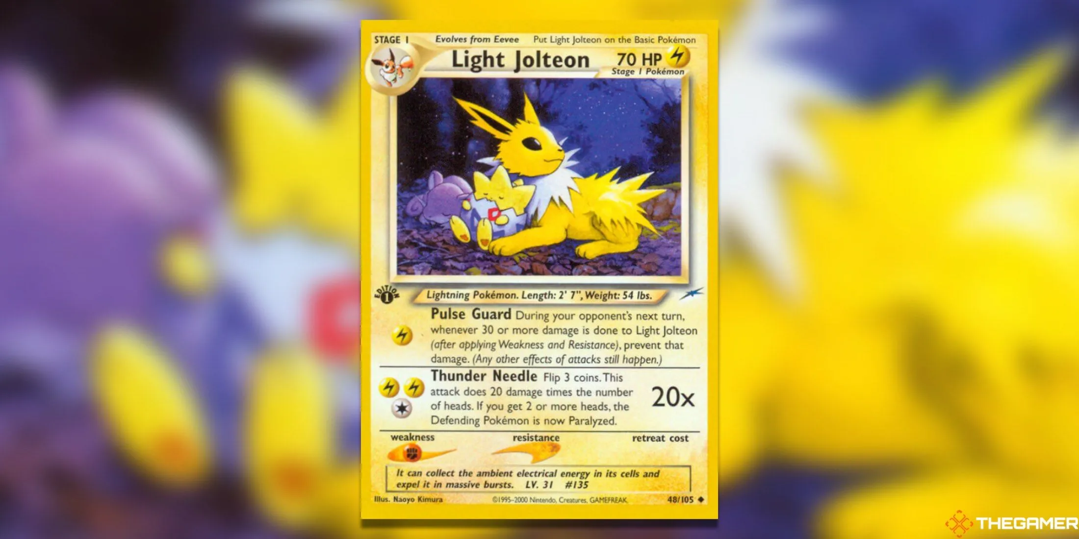 Thẻ bài Light Jolteon từ bộ Neo Destiny của Pokemon TCG đang bảo vệ một Togepi.