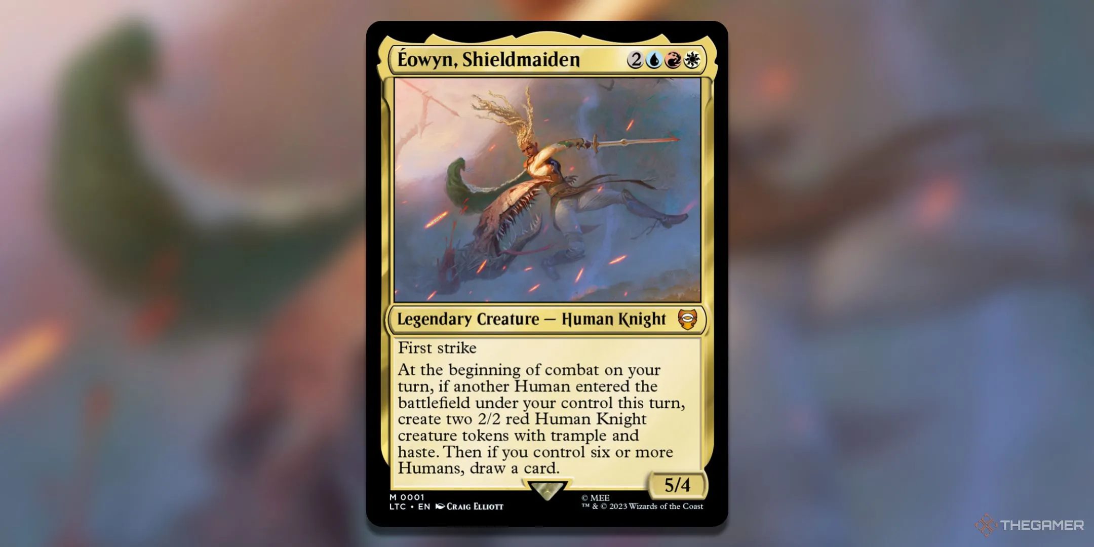 Thẻ bài Magic: The Gathering Eowyn, Shieldmaiden với hình minh họa nữ chiến binh.