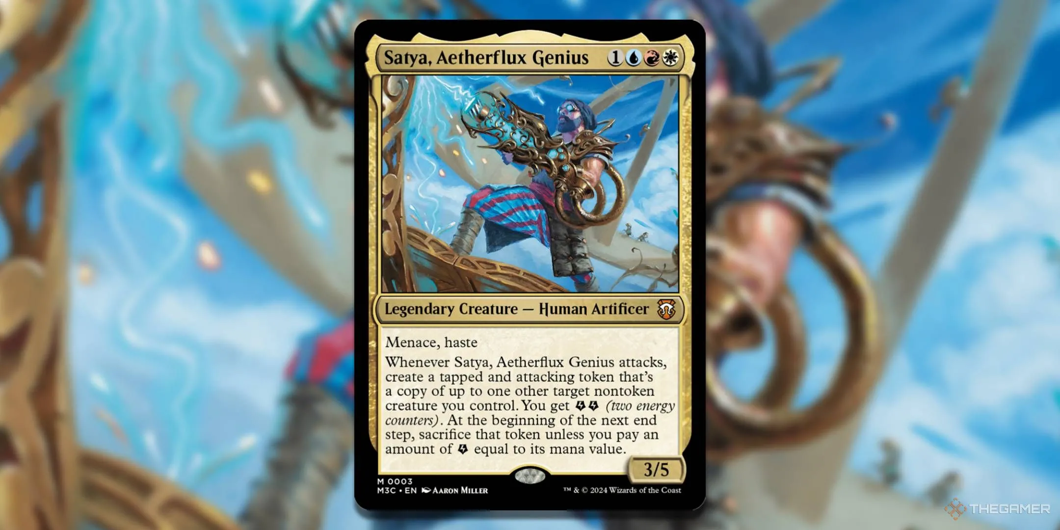 Thẻ bài MTG Satya, Aetherflux Genius với hình minh họa ở nền.