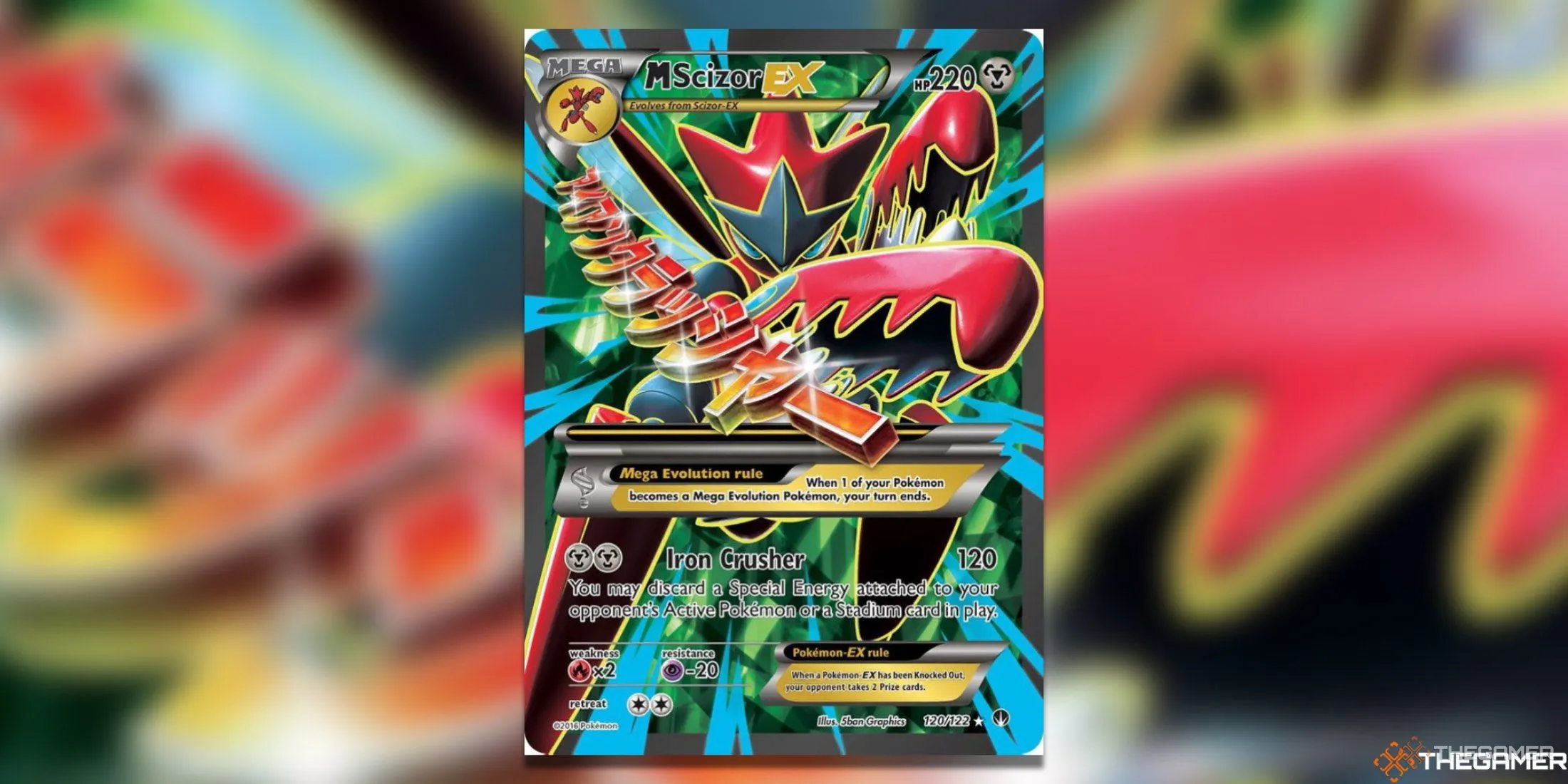 Thẻ bài Pokémon TCG M Scizor EX Full Art từ bộ XY BREAKpoint, với Scizor trong tư thế sẵn sàng tấn công, thể hiện vẻ sắc bén.
