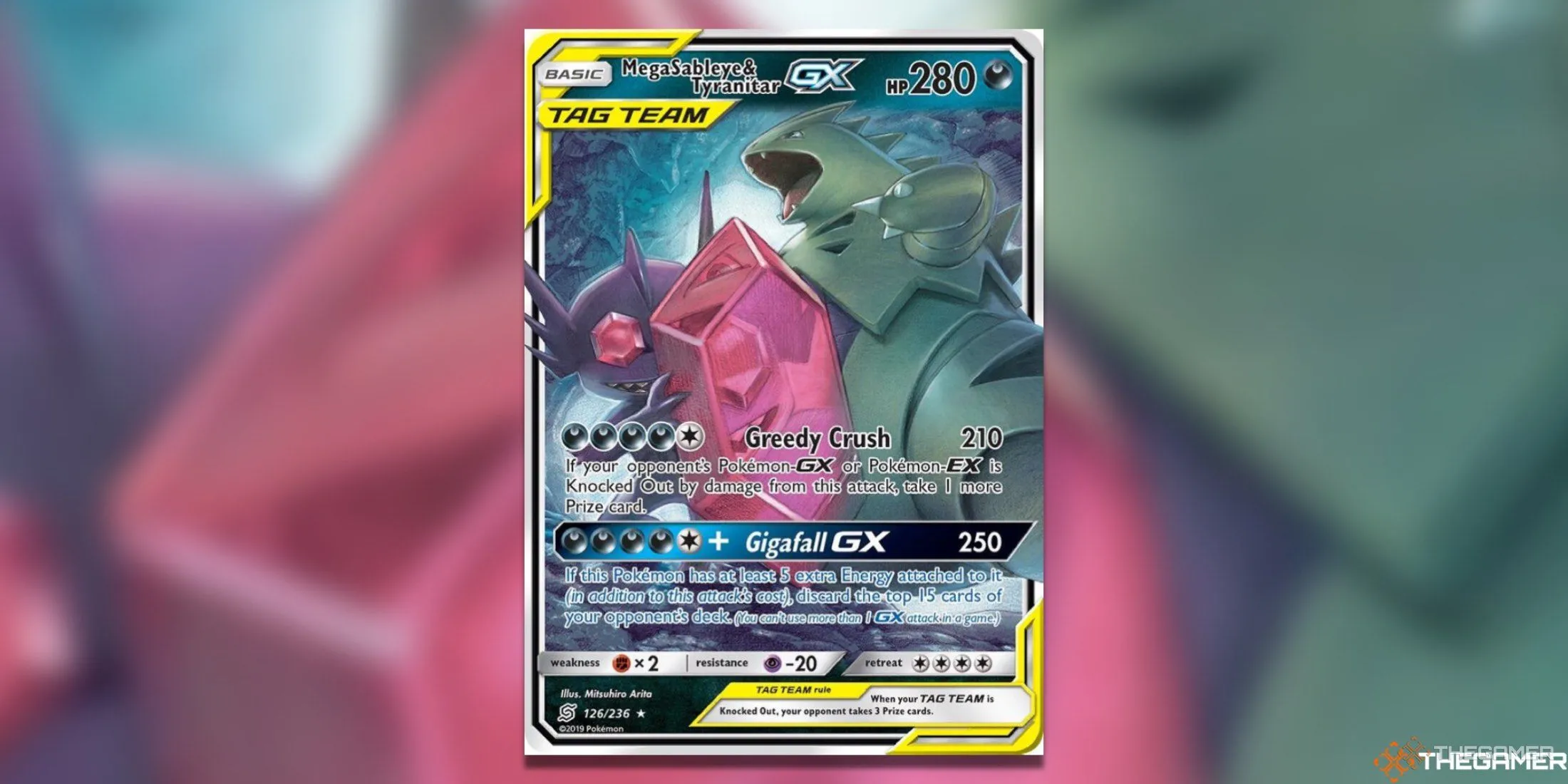 Thẻ bài Pokémon TCG Mega Sableye &amp; Tyranitar GX Ultra Rare từ bộ Unified Minds, với Sableye và Tyranitar kết hợp cùng viên ngọc đỏ khổng lồ.