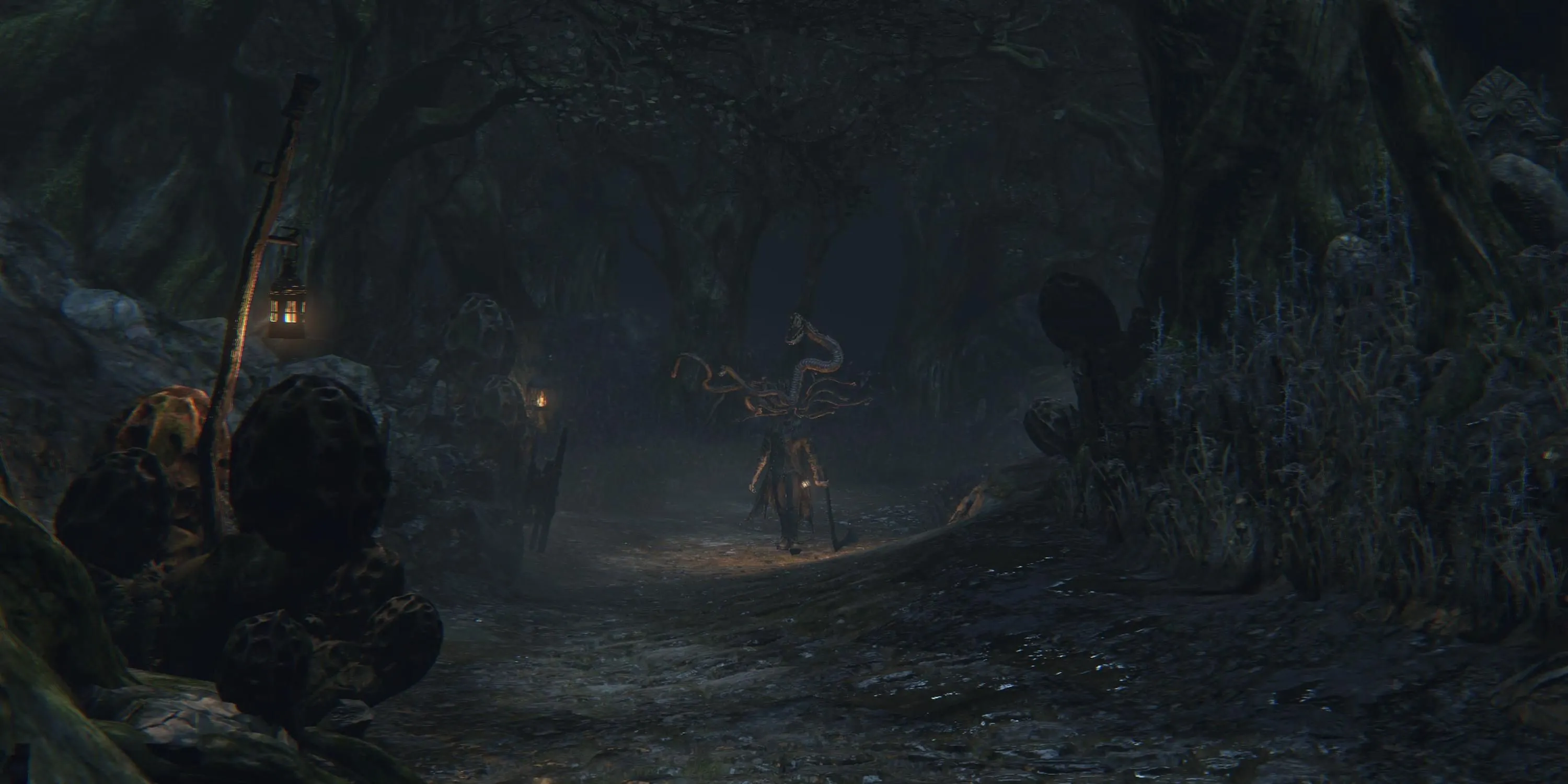 Thợ săn nhìn chằm chằm vào kẻ thù trong khu rừng cấm Forbidden Woods u ám của Bloodborne