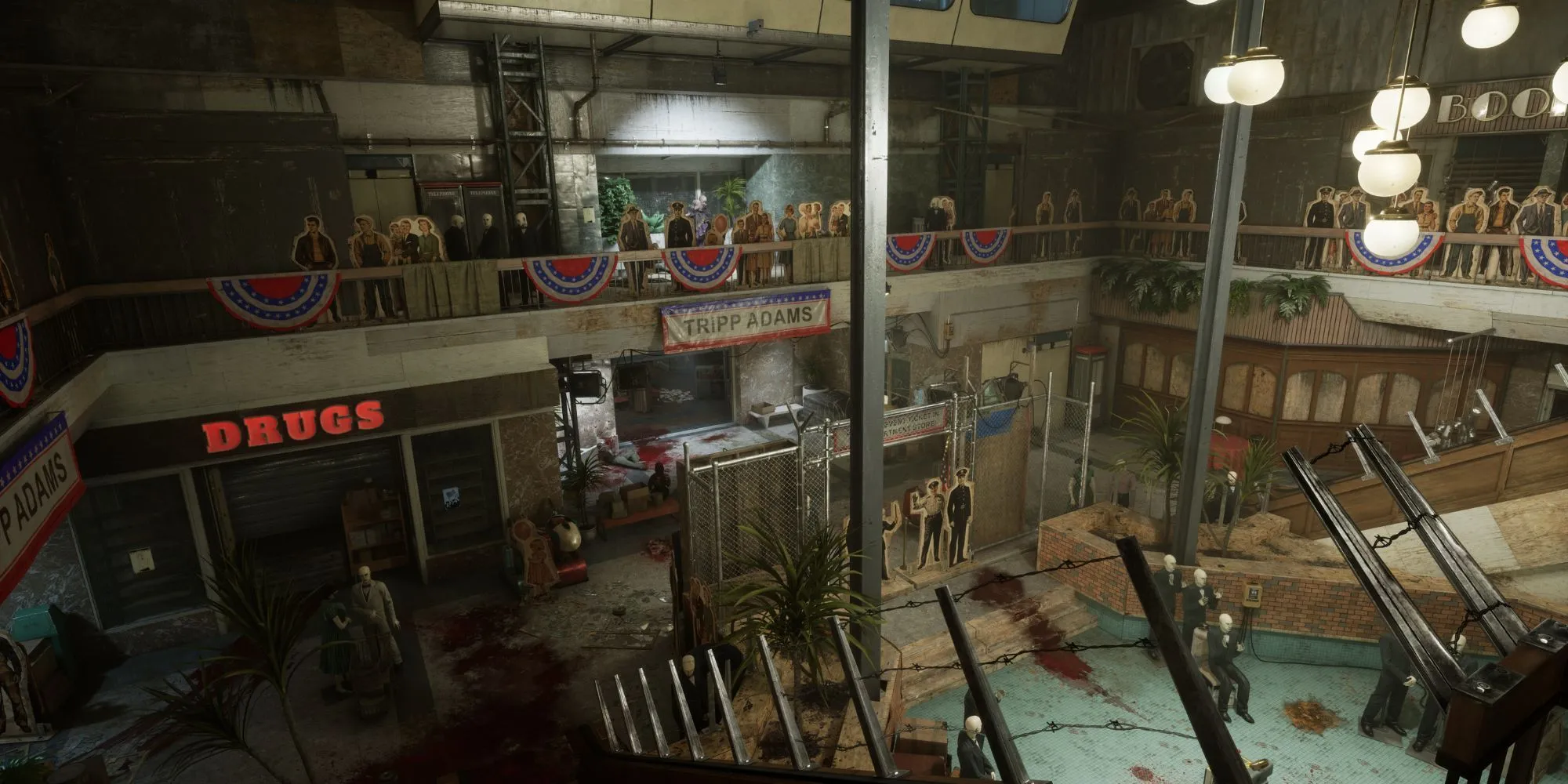 Trung tâm thương mại bị bỏ hoang trong The Outlast Trials, bản đồ mới của Season 4, thể hiện sự mục nát và rùng rợn