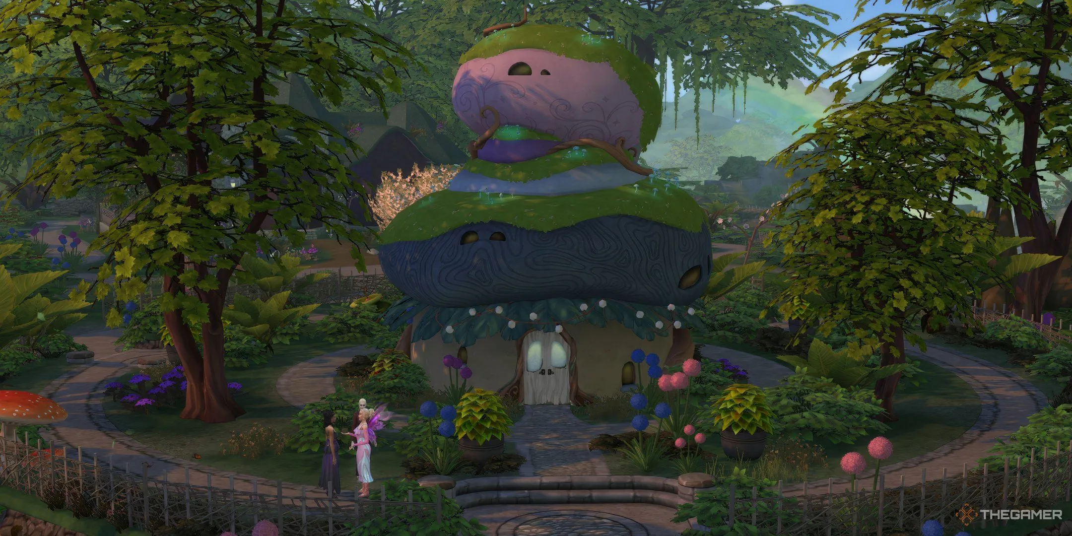 Trung Tâm Tiên Mossveil được bao quanh bởi một con đường tròn tại Everdew, The Sims 4 Enchanted By Nature.