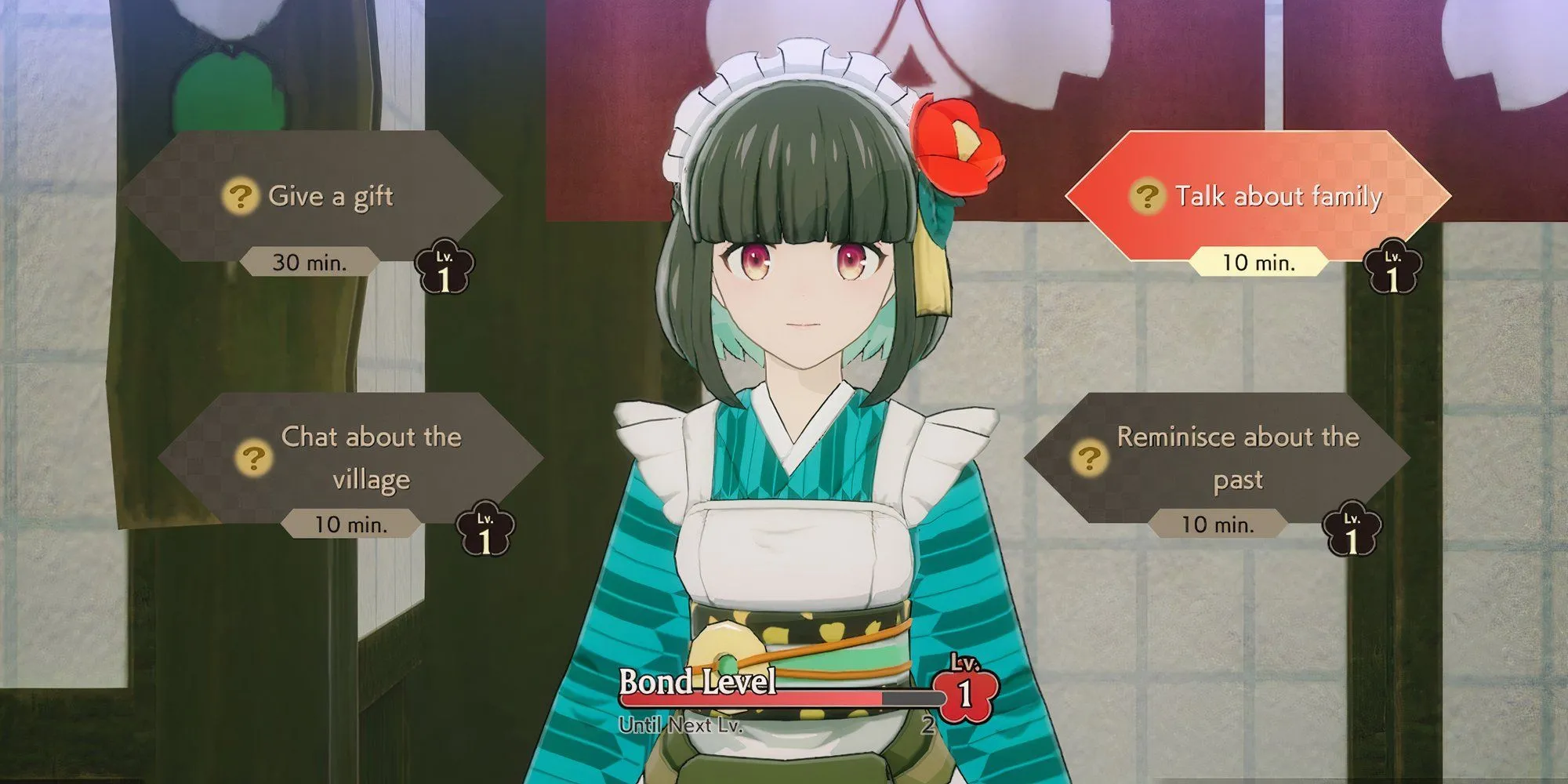 Tùy chọn tương tác với nhân vật Iroha trong Rune Factory Guardians of Azuma, minh họa hệ thống hẹn hò và giao tiếp xã hội