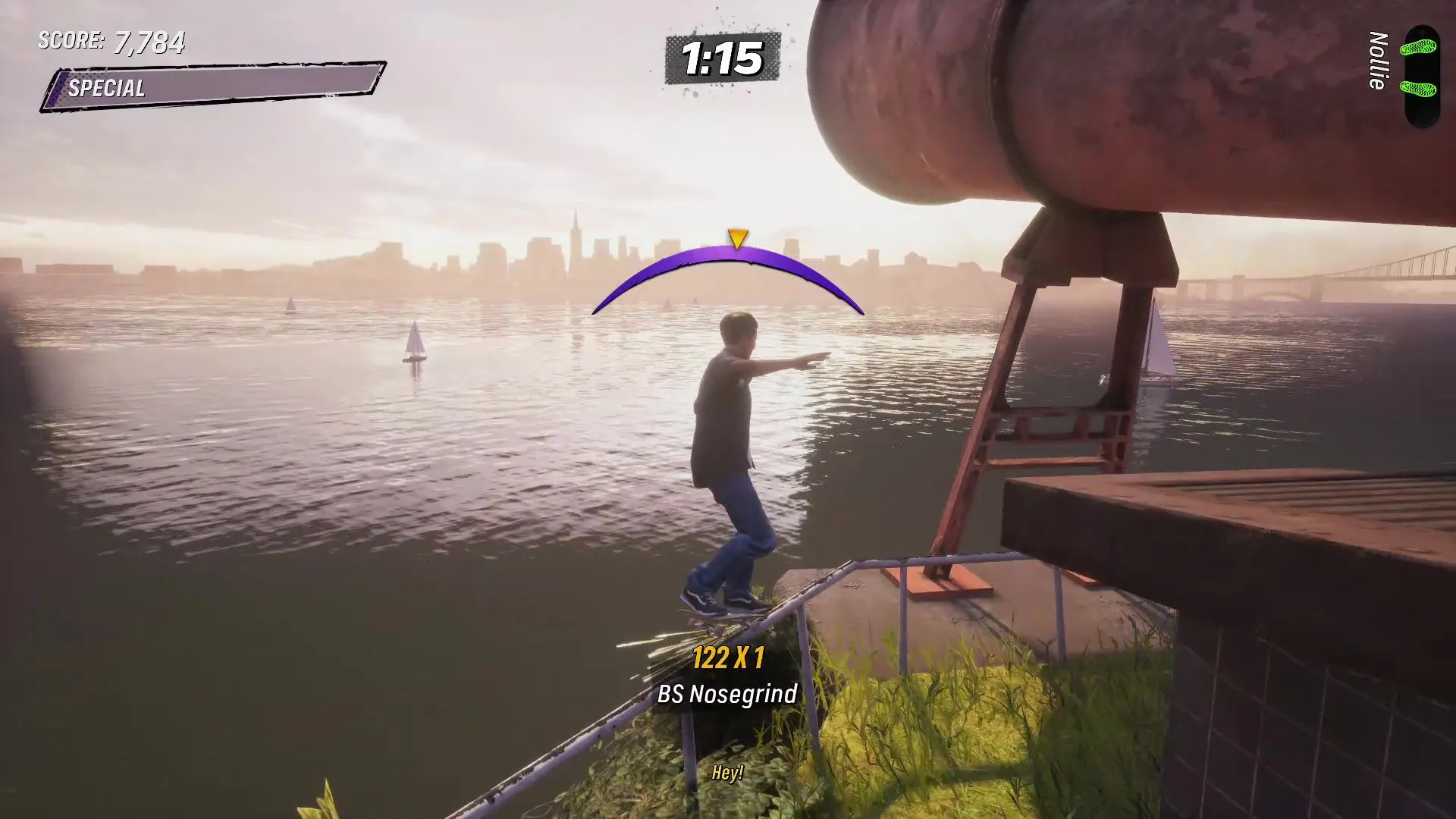 Ván trượt nosegrind trên đường ray còi báo hiệu Foghorn tại Alcatraz trong Tony Hawk's Pro Skater 3 + 4