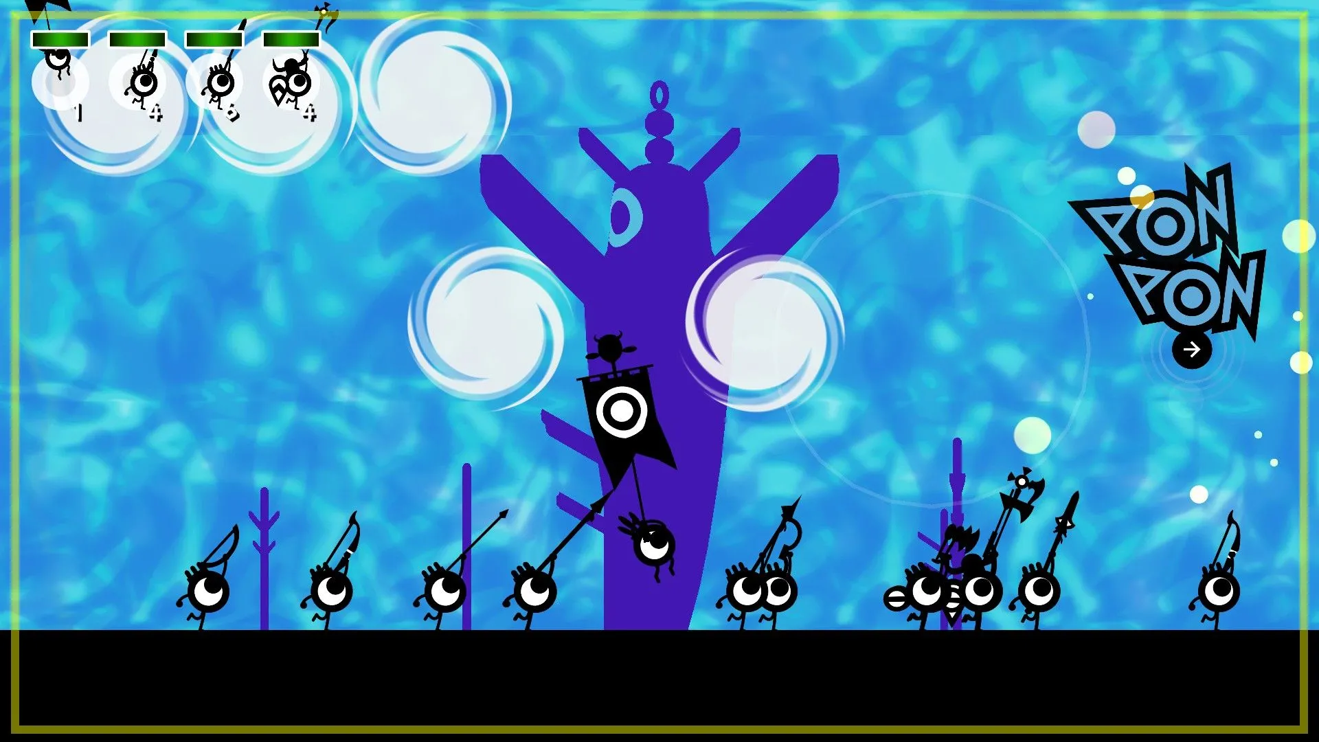 Vũ điệu cầu mưa (Rain Dance) trong Patapon 1+2 Replay với hiệu ứng hình ảnh đặc trưng