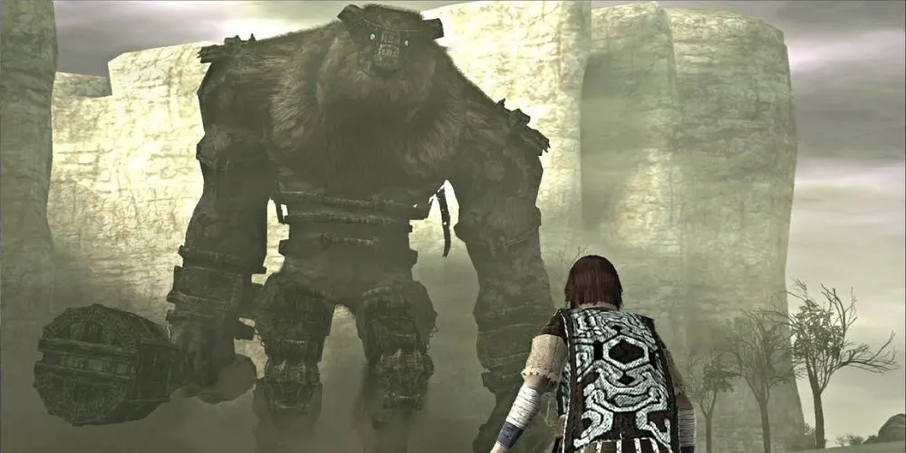 Wander đối mặt với colossus đầu tiên Valus trong Shadow of the Colossus