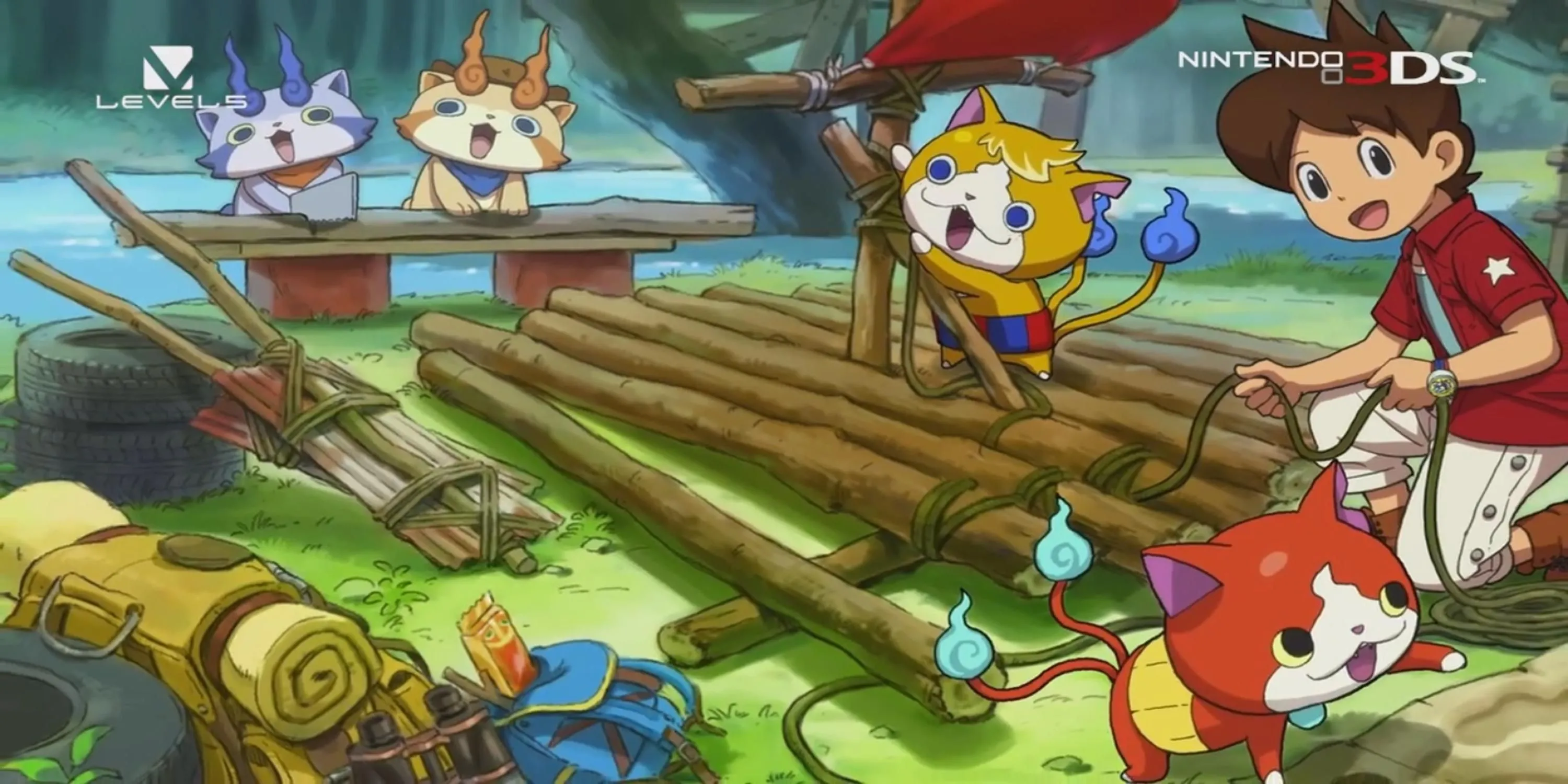 Yo-kai Watch 3 - Nhân vật chính xây bè cùng mèo con, minh họa lối chơi phiêu lưu độc đáo.