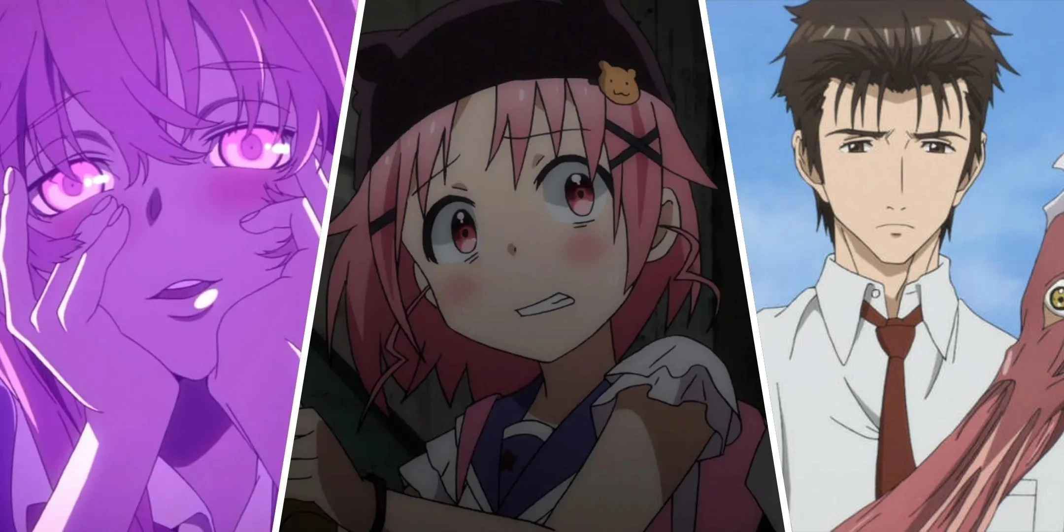 Yuno Gasai, Yuki Takeya và Shinichi Izumi trong các cảnh khác nhau, đại diện cho những nhân vật chính đáng sợ nhất trong anime kinh dị.