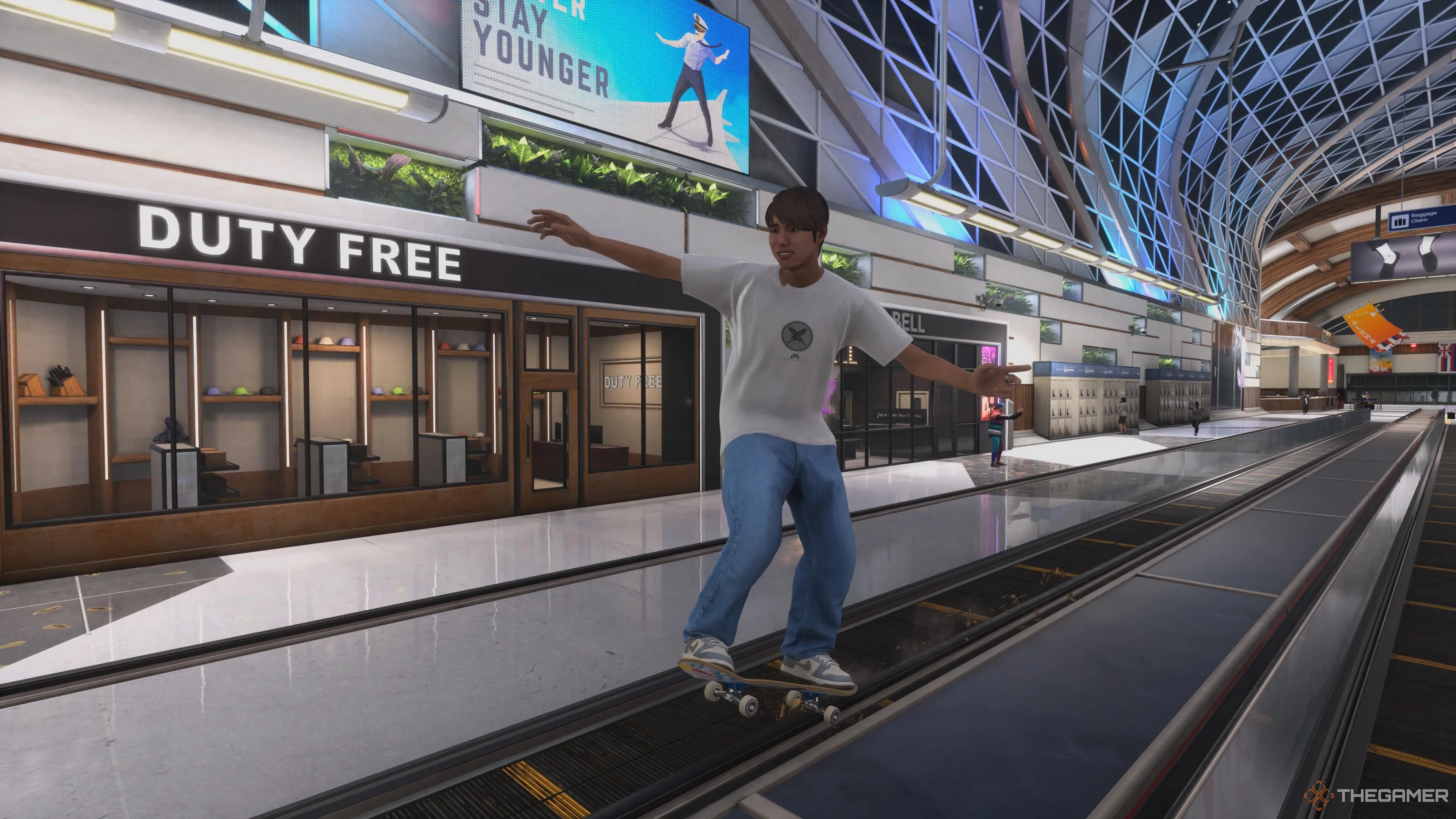 Yuto Horigome thực hiện cú grind trên đường ray trong màn chơi Sân bay của Tony Hawk's Pro Skater 3+4
