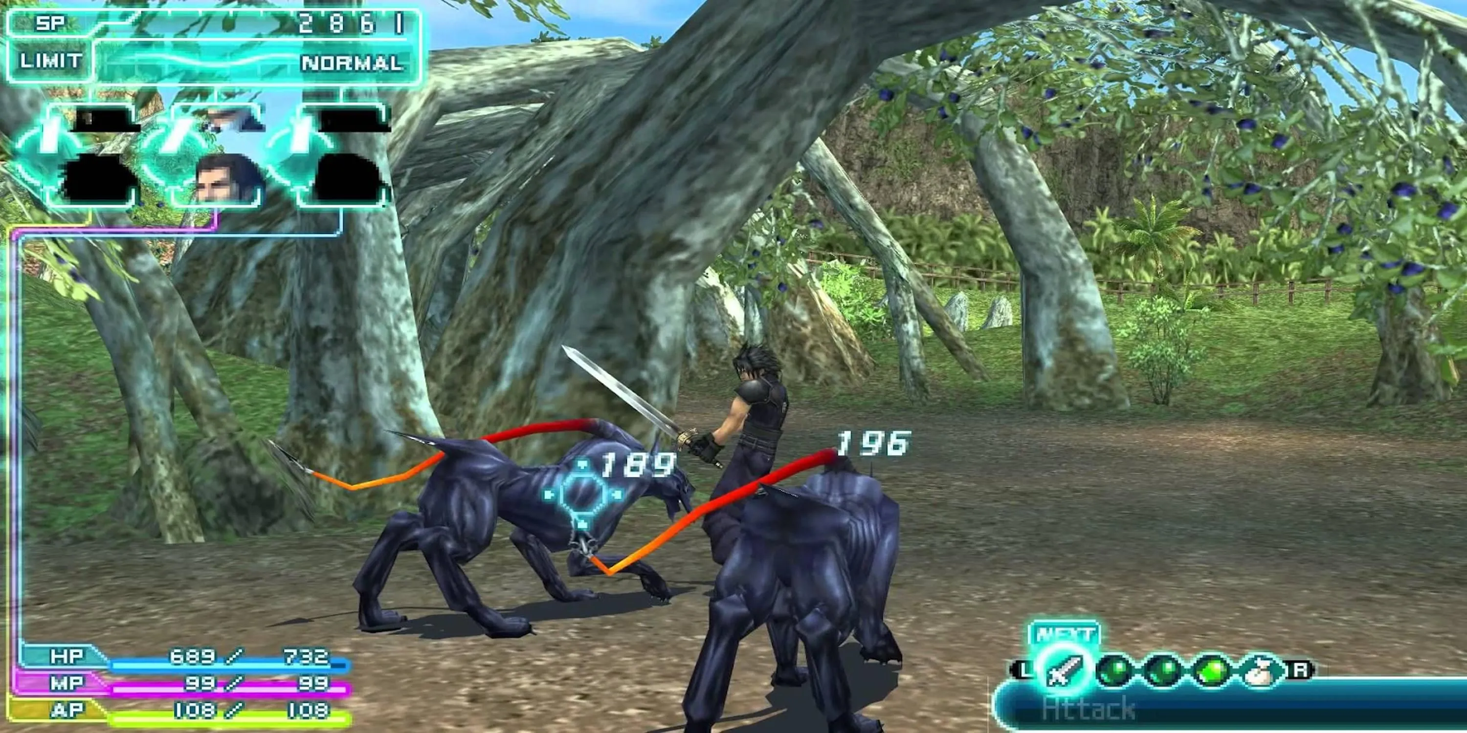 Zack Fair chiến đấu với kẻ thù giống chó trong Crisis Core Final Fantasy VII