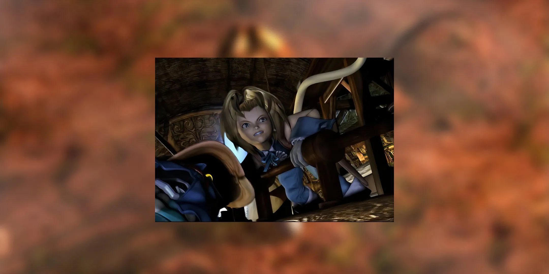 Zidane Tribal, tên trộm lãng tử của Final Fantasy 9, đang tựa vào lan can gỗ