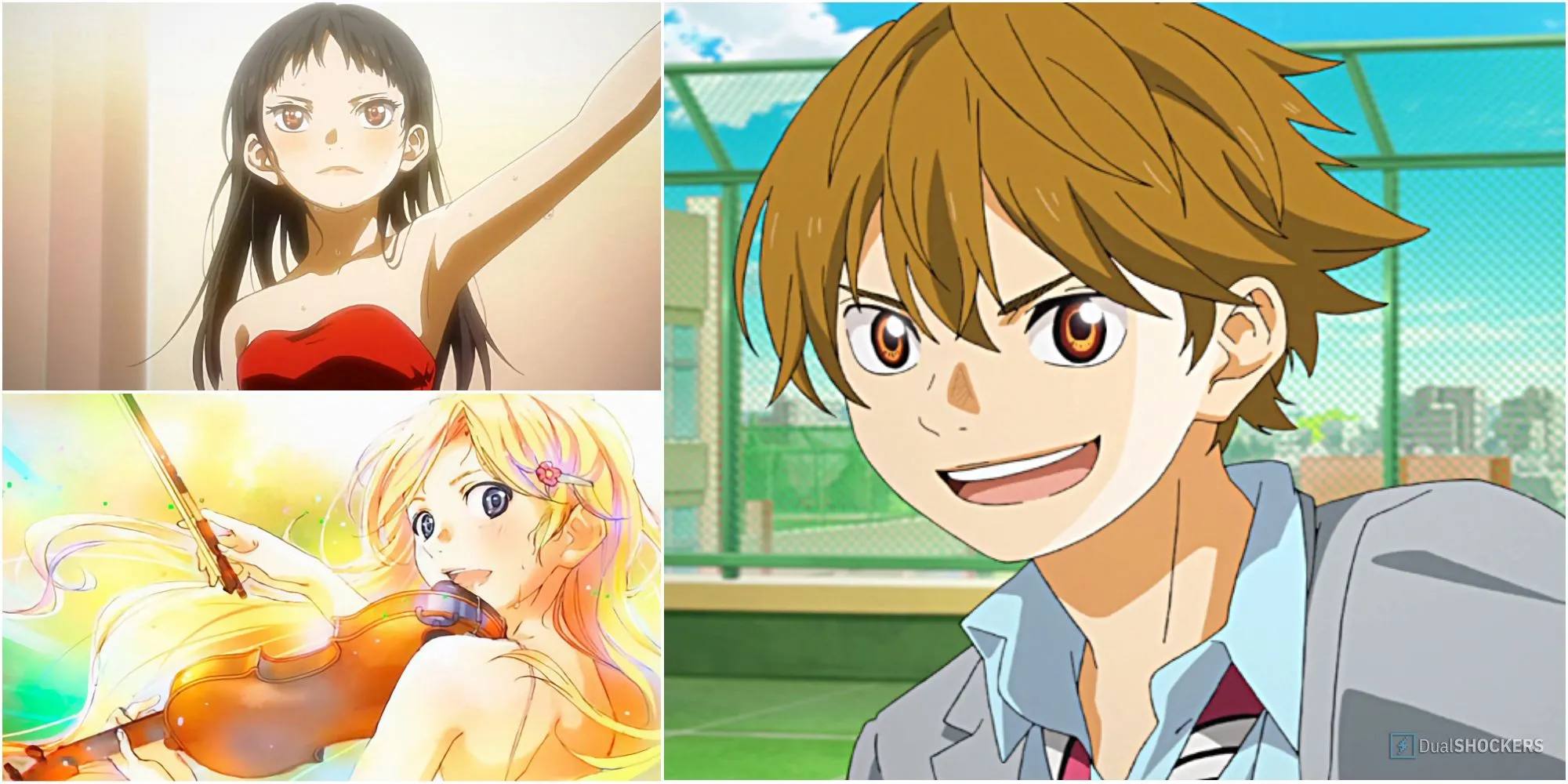 Ba nhân vật chính Emi, Kaori và Kosei trong Your Lie in April, thể hiện những mối quan hệ phức tạp