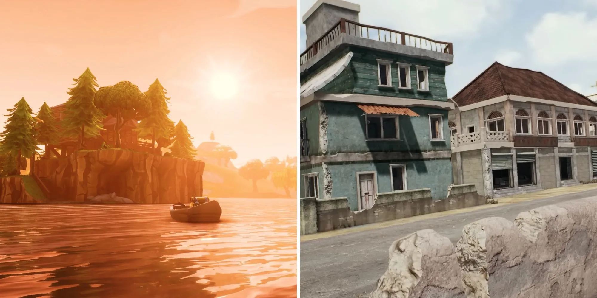 Bản đồ rộng lớn và liên tục thay đổi của Fortnite, thể hiện các khu vực độc đáo và đa dạng