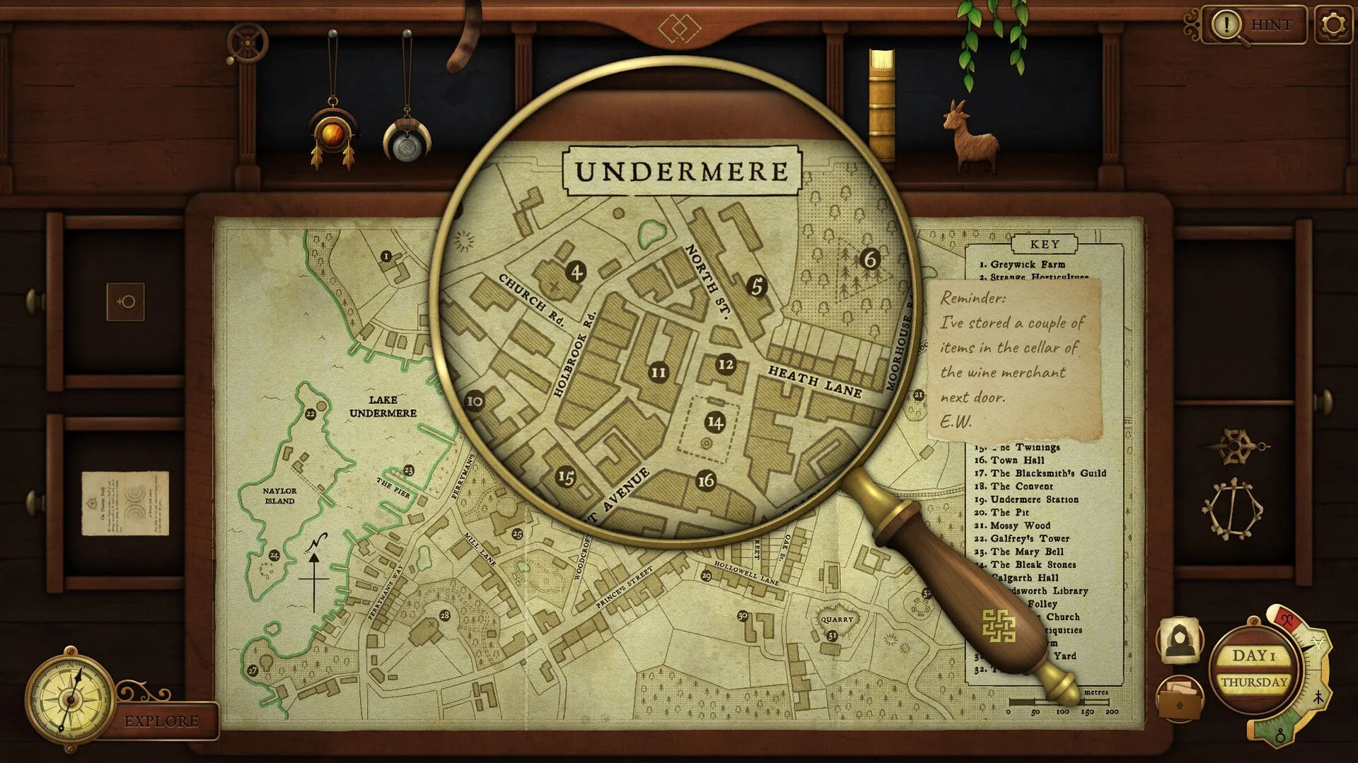 Bản đồ Undermere trong Strange Antiquities, nơi game thủ sẽ tìm kiếm nhiều cổ vật theo các Clue Card.