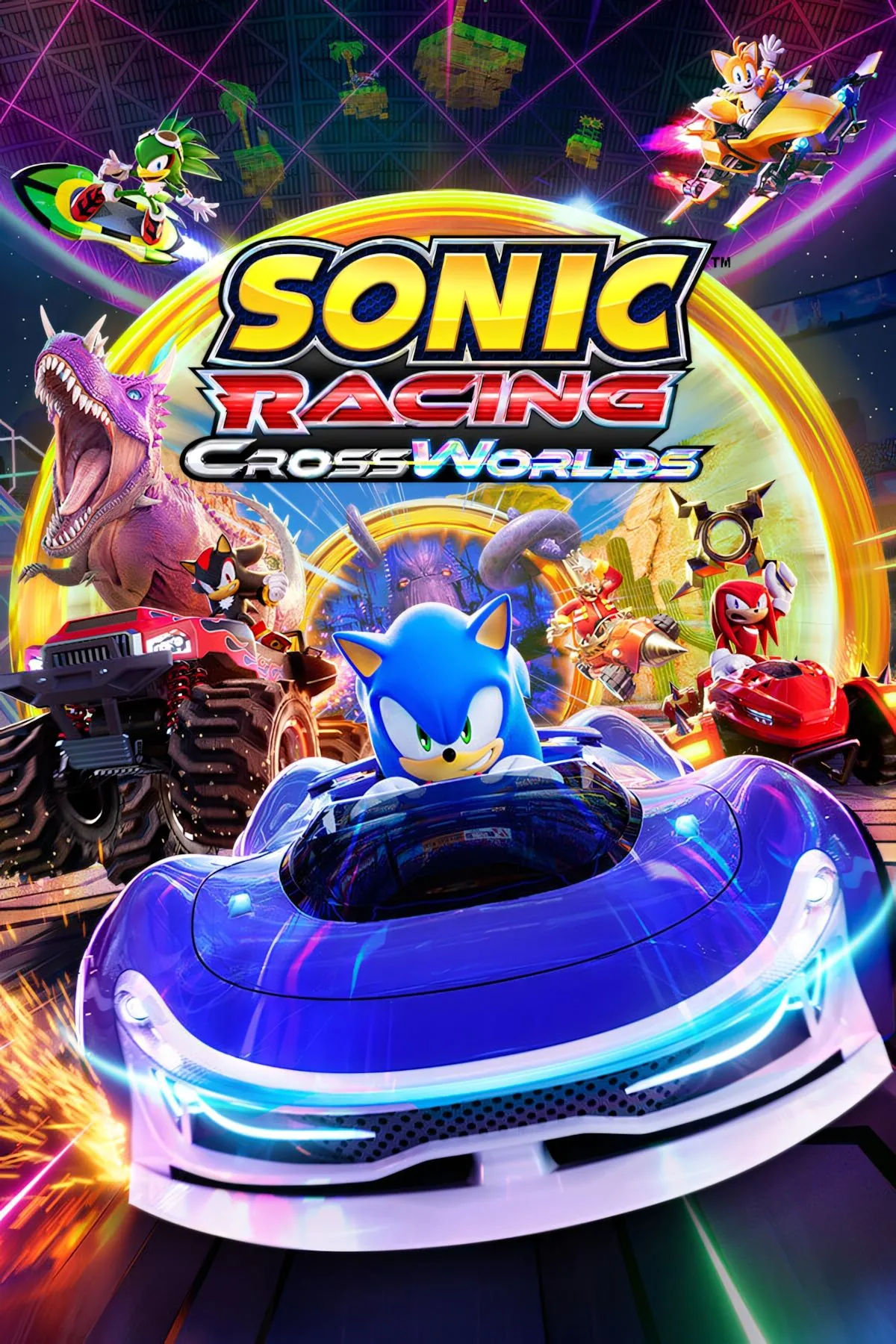 Bìa game Sonic Racing CrossWorlds với dàn nhân vật quen thuộc như Sonic, Tails, Knuckles và xe đua của họ.