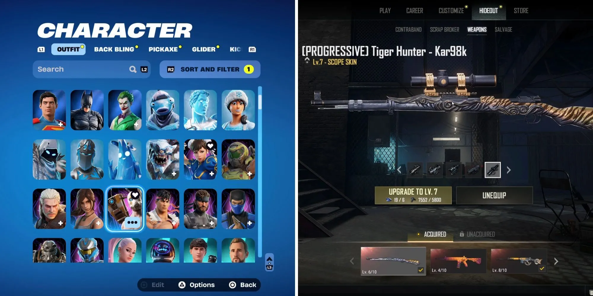 Các skin độc đáo và nhân vật nổi tiếng trong Fortnite, minh họa sự đa dạng về trang phục và vật phẩm