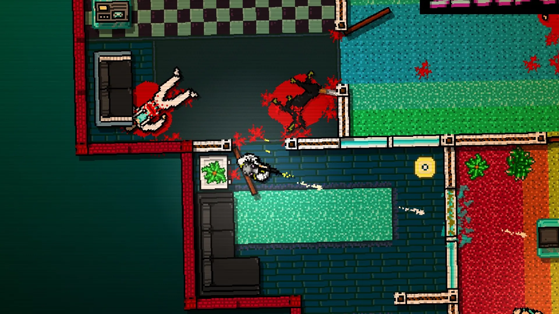 Cảnh gameplay hành động nhanh, bạo lực trong Hotline Miami với góc nhìn từ trên xuống