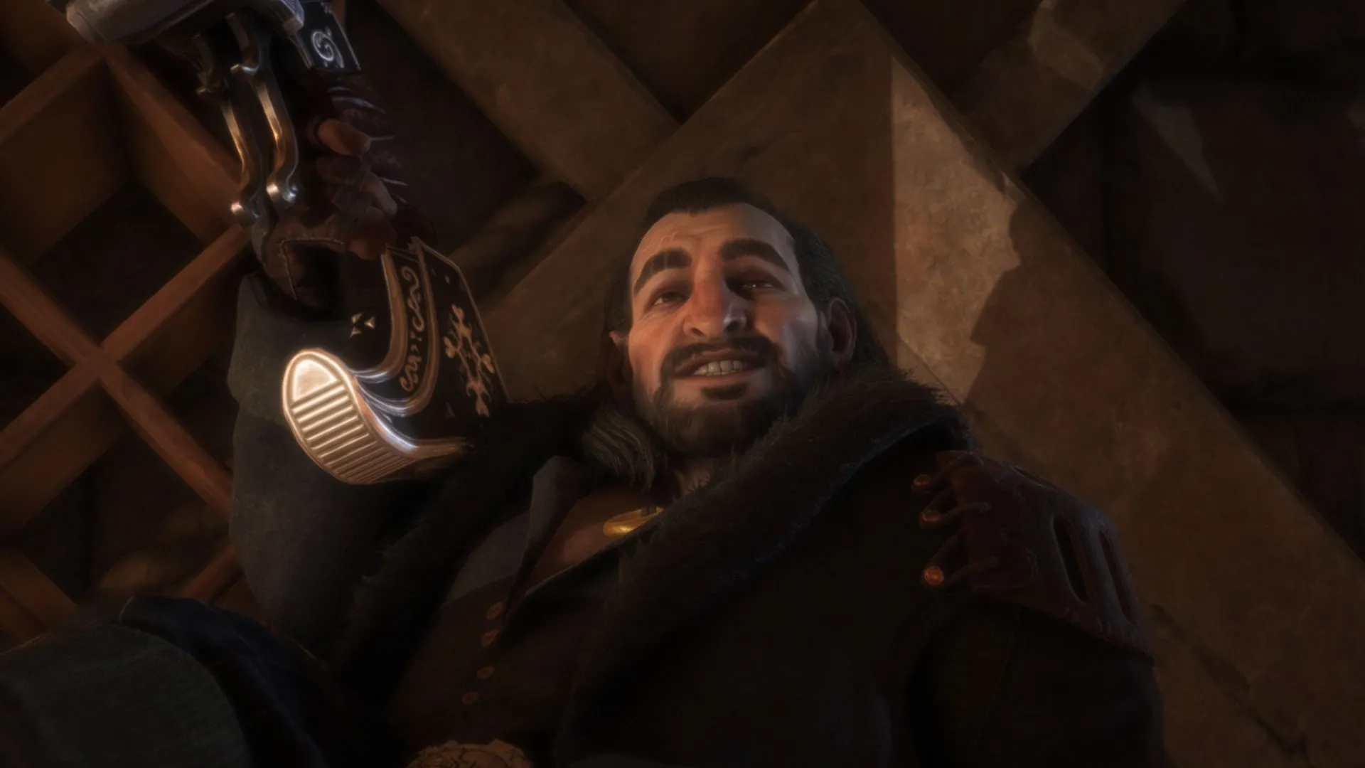 Chân dung cận cảnh người lùn Varric với cây nỏ Bianca trên vai, ánh mắt hóm hỉnh đặc trưng trong Dragon Age: The Veilguard