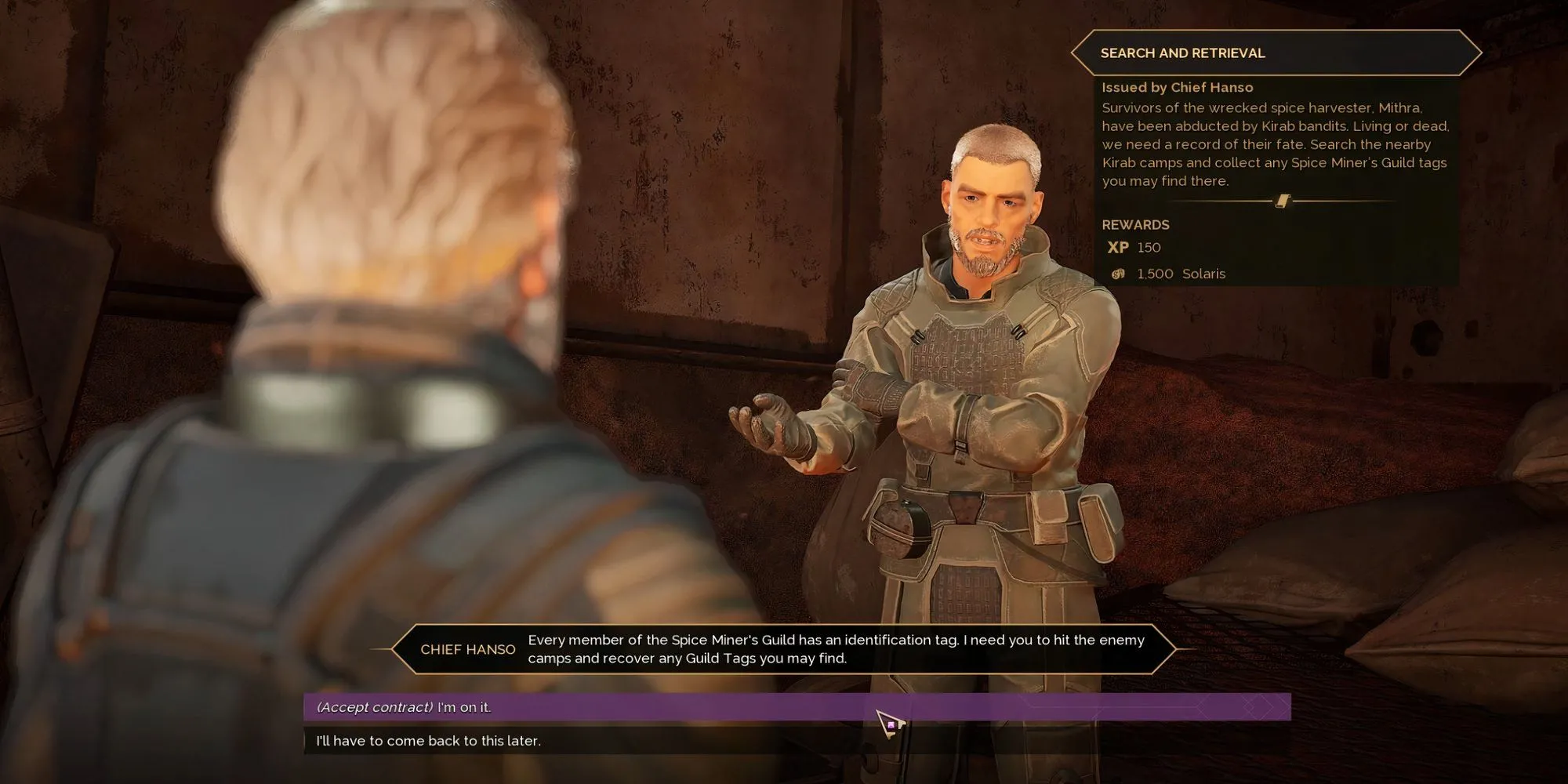 Chi tiết nhiệm vụ &quot;Tìm kiếm và Thu hồi&quot; của Chief Hanso yêu cầu thu thập Guild Tags trong Dune Awakening