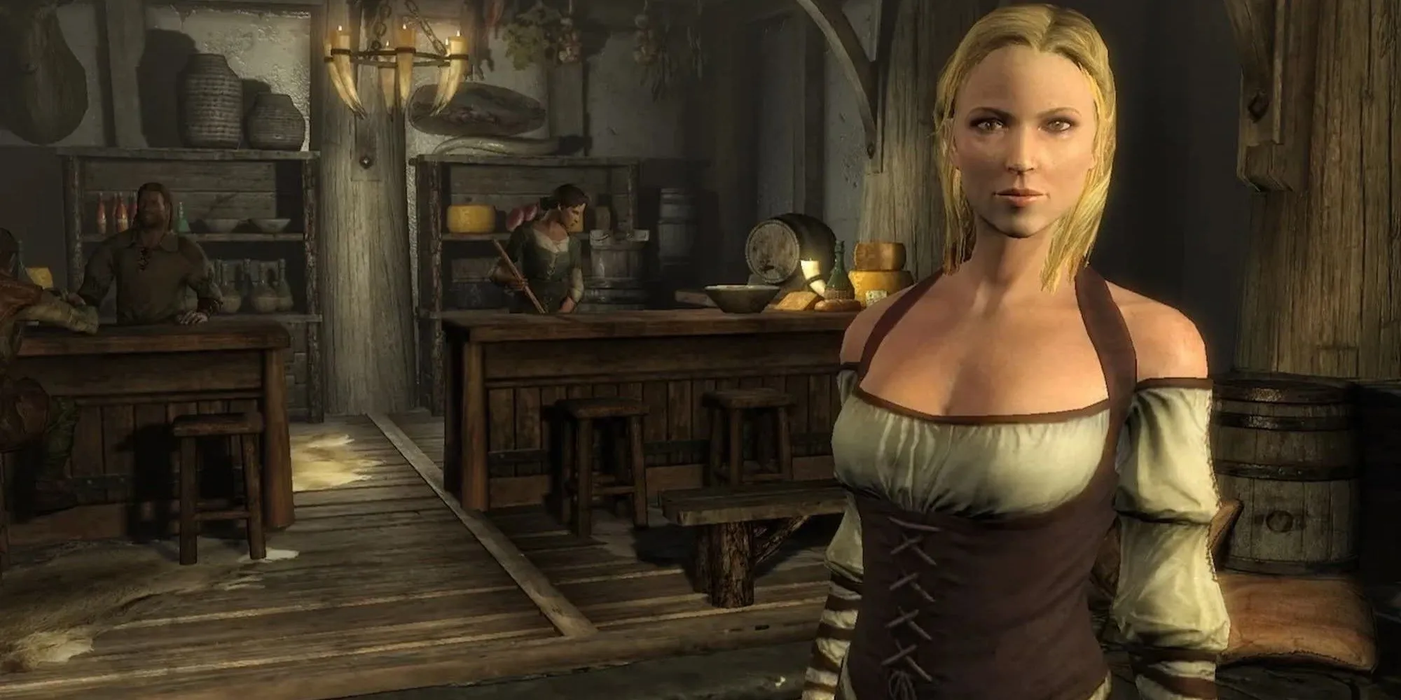 Cửa hàng tấp nập tại một thị trấn nhỏ trong thế giới mở của The Elder Scrolls V: Skyrim