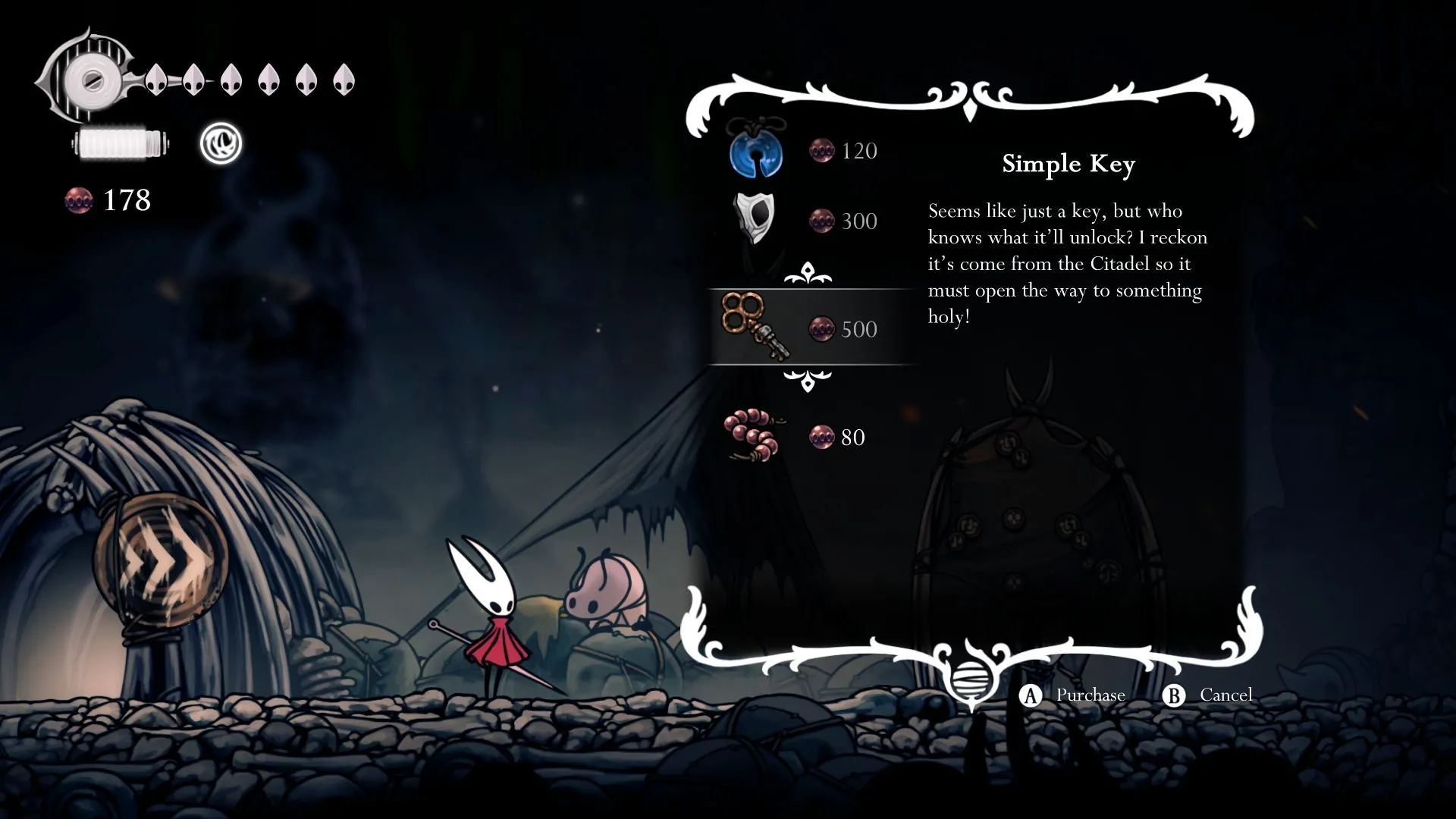 Cửa hàng thương nhân Bone Bottom bày bán Simple Key trong Hollow Knight Silksong