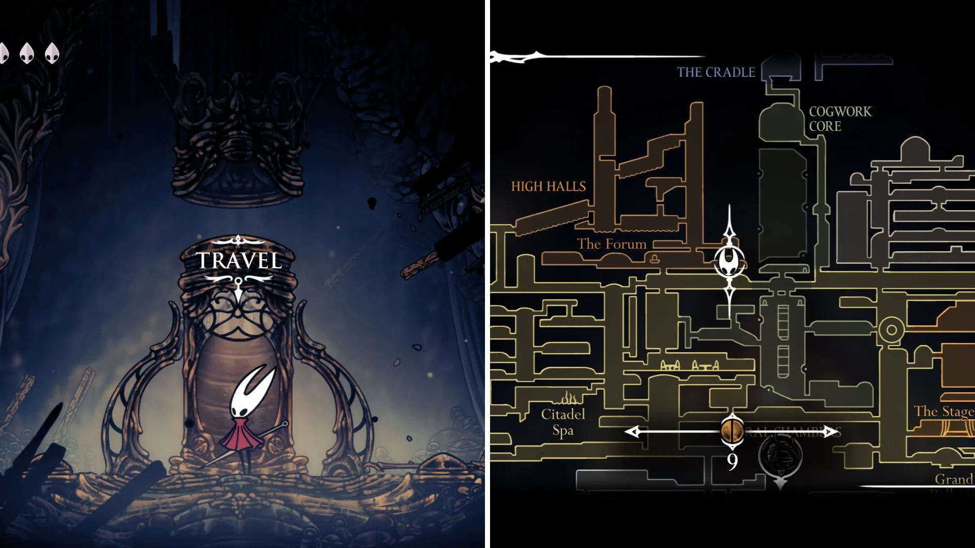 Điểm đặt trạm Ventrica High Halls, gần khu vực Forum Gauntlet và boss Sentinel trong Hollow Knight Silksong