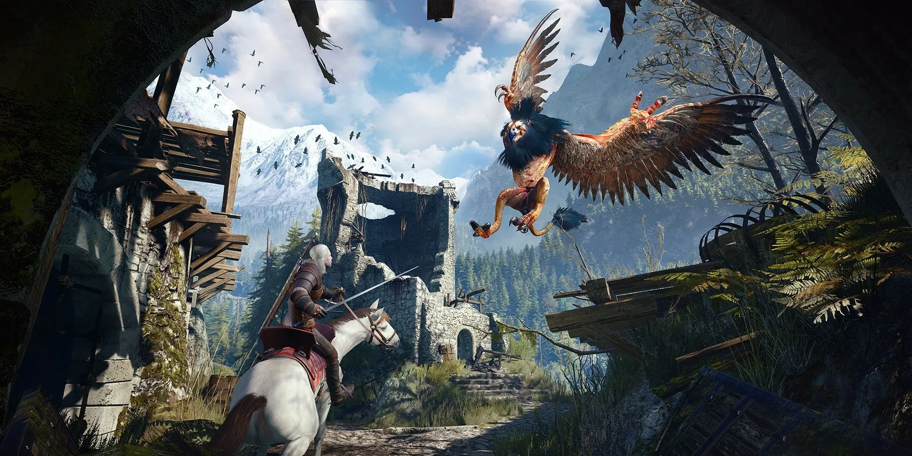 Geralt cưỡi ngựa Roach săn quái vật trong thế giới The Witcher 3