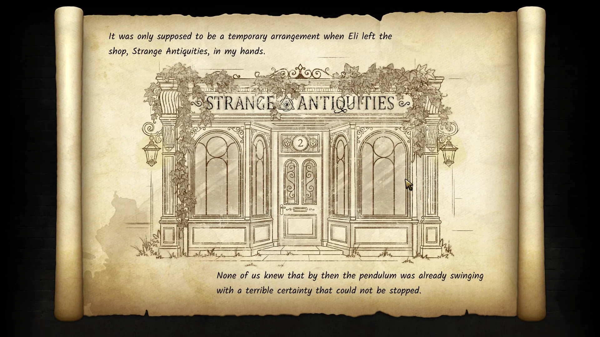 Giao diện giải đố cuốn sách cổ trong Strange Antiquities, minh họa một trong nhiều loại Clue Card.
