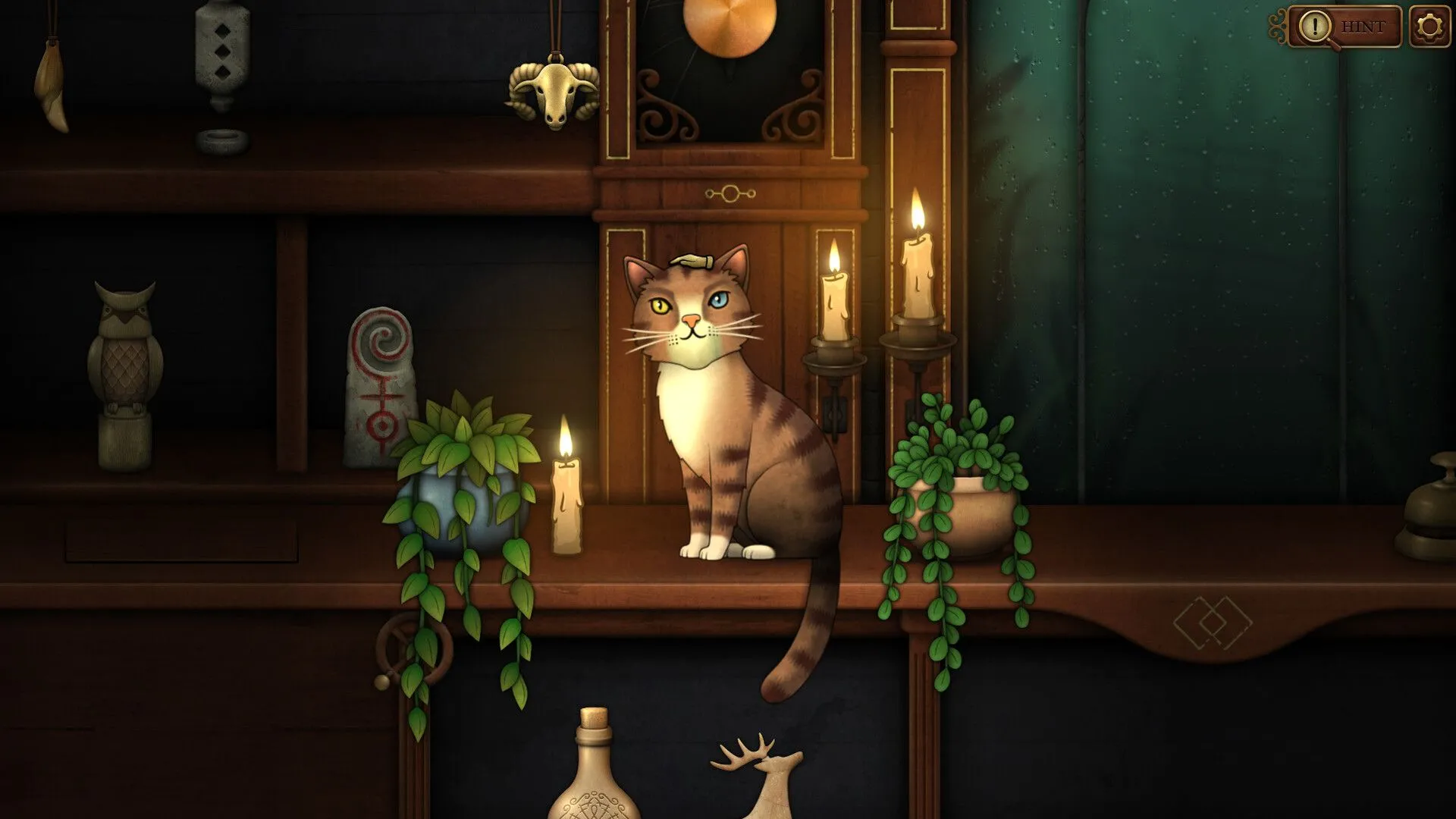 Giao diện người chơi tương tác với một Clue Card trong Strange Antiquities, cho thấy manh mối giải đố.
