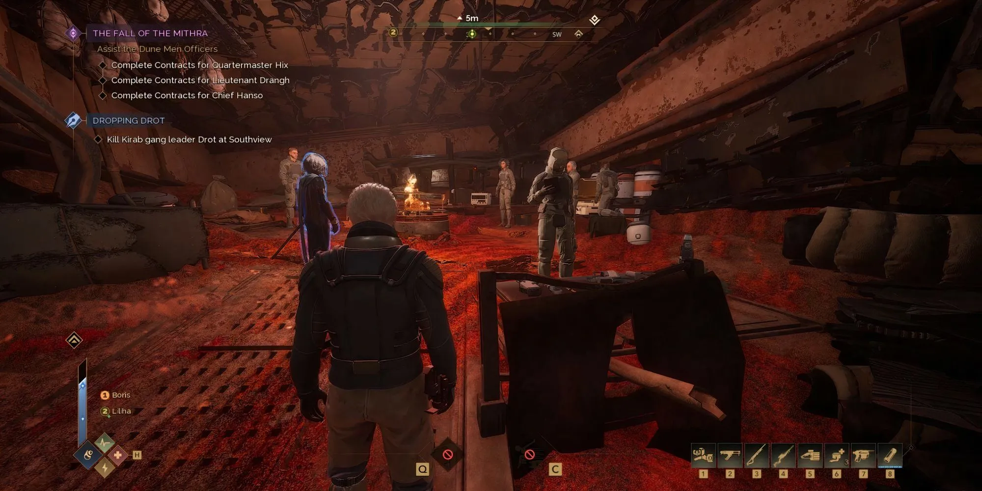 Giao diện nhiệm vụ đầu tiên từ Chief Hanso tại địa điểm rơi tàu Mithra trong Dune Awakening Lost Harvest