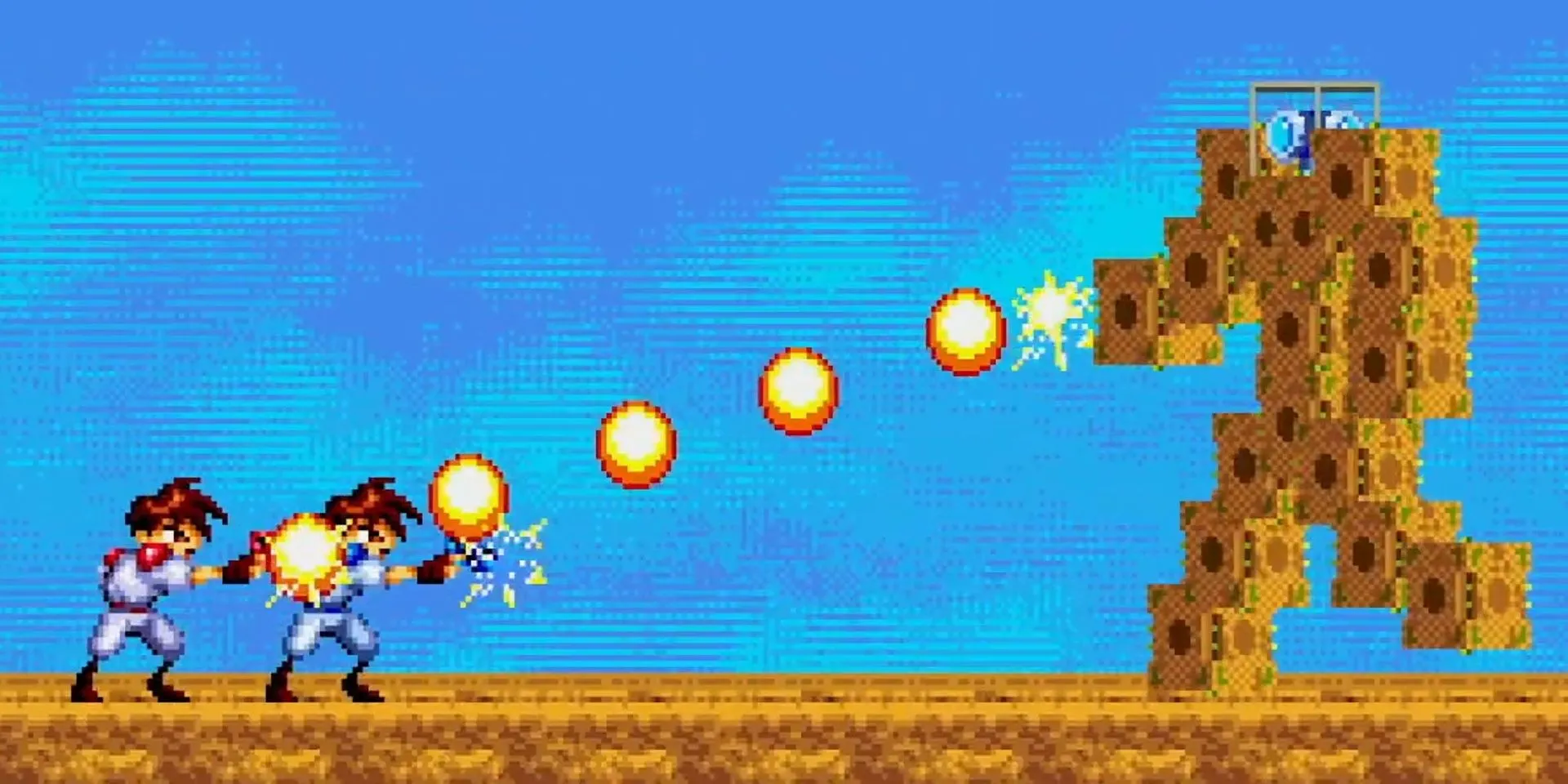 Hai chiến binh phối hợp tiêu diệt trùm trong Gunstar Heroes