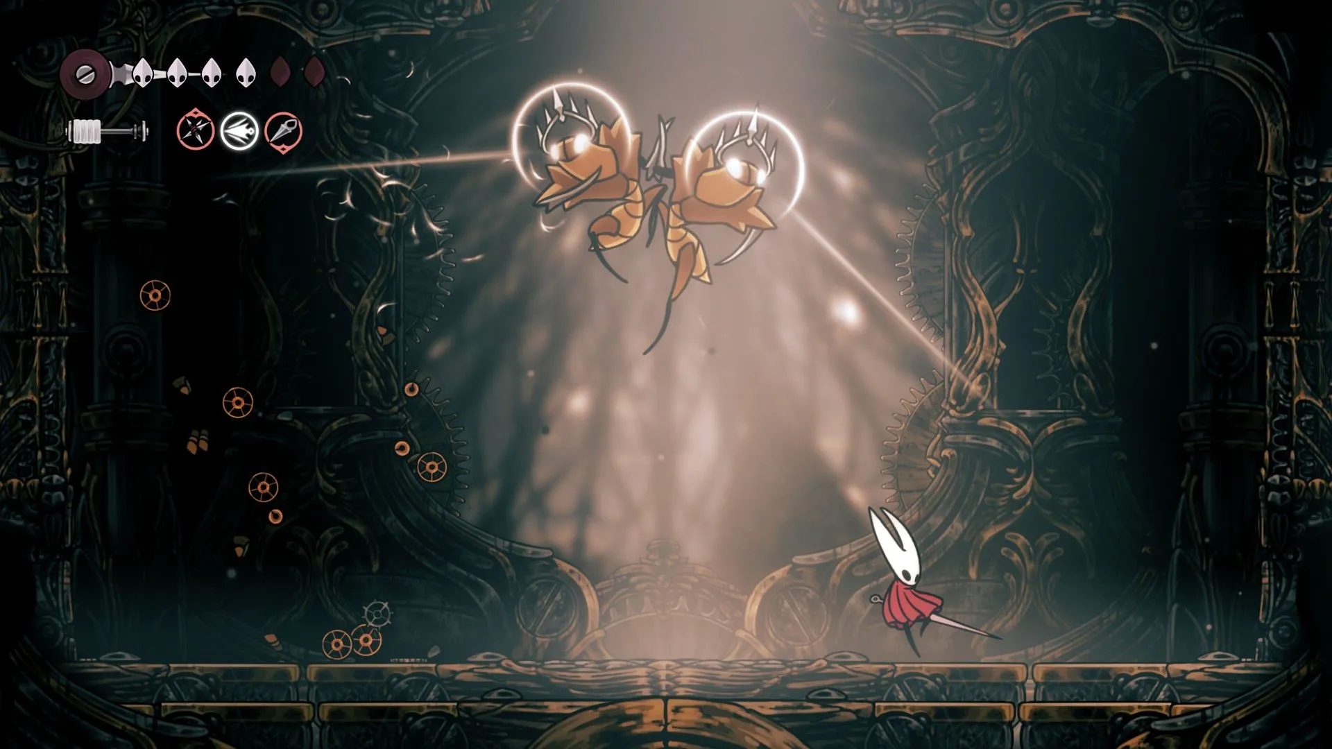 Hai Cogwork Dancers cùng tấn công, thể hiện vũ điệu hủy diệt trong Hollow Knight Silksong.