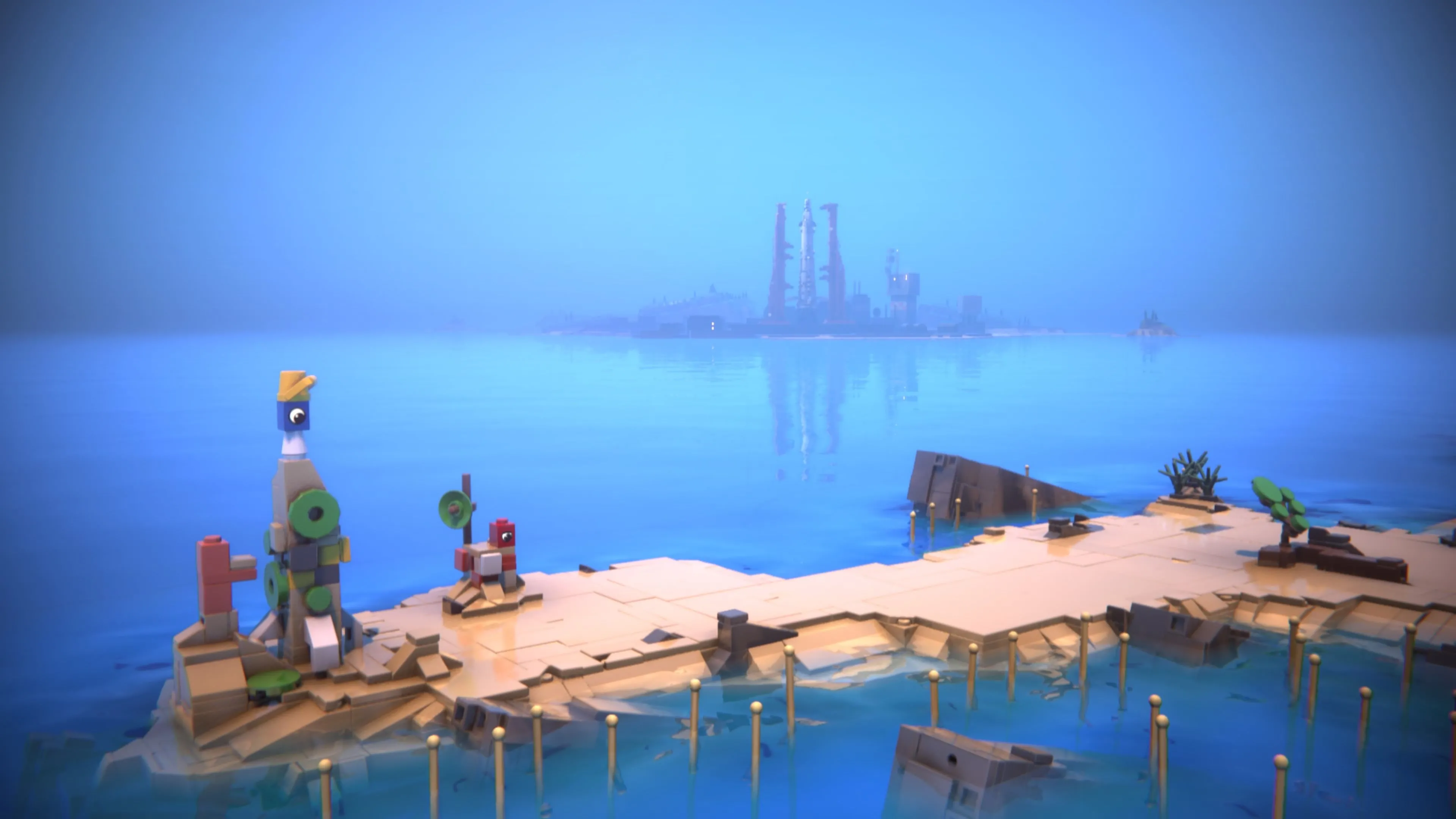 Hai nhân vật LEGO Voyagers màu đỏ và xanh đang cùng nhau khám phá thế giới game đầy màu sắc