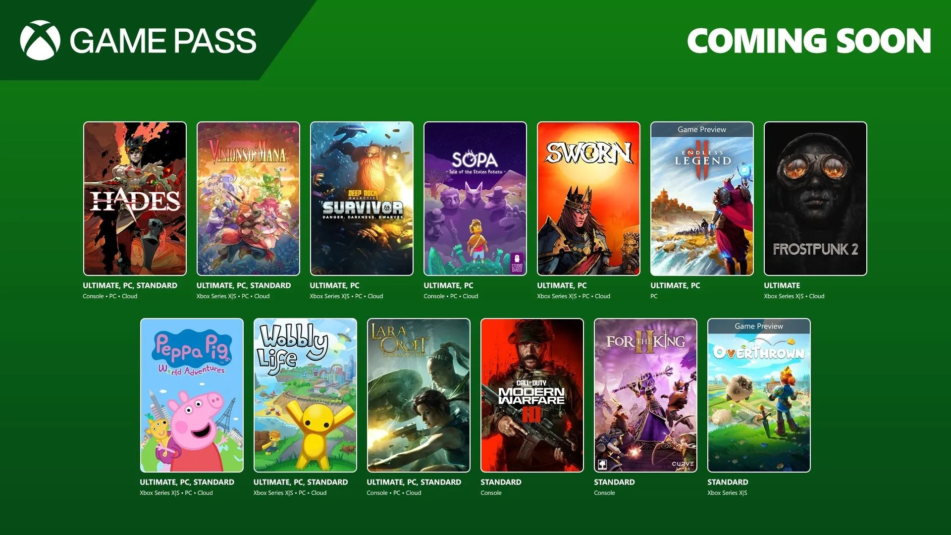 Hình ảnh tổng hợp các tựa game mới sắp có mặt trên Xbox Game Pass trong tháng 9 và tháng 10, bao gồm cả những game indie và bom tấn được mong đợi.
