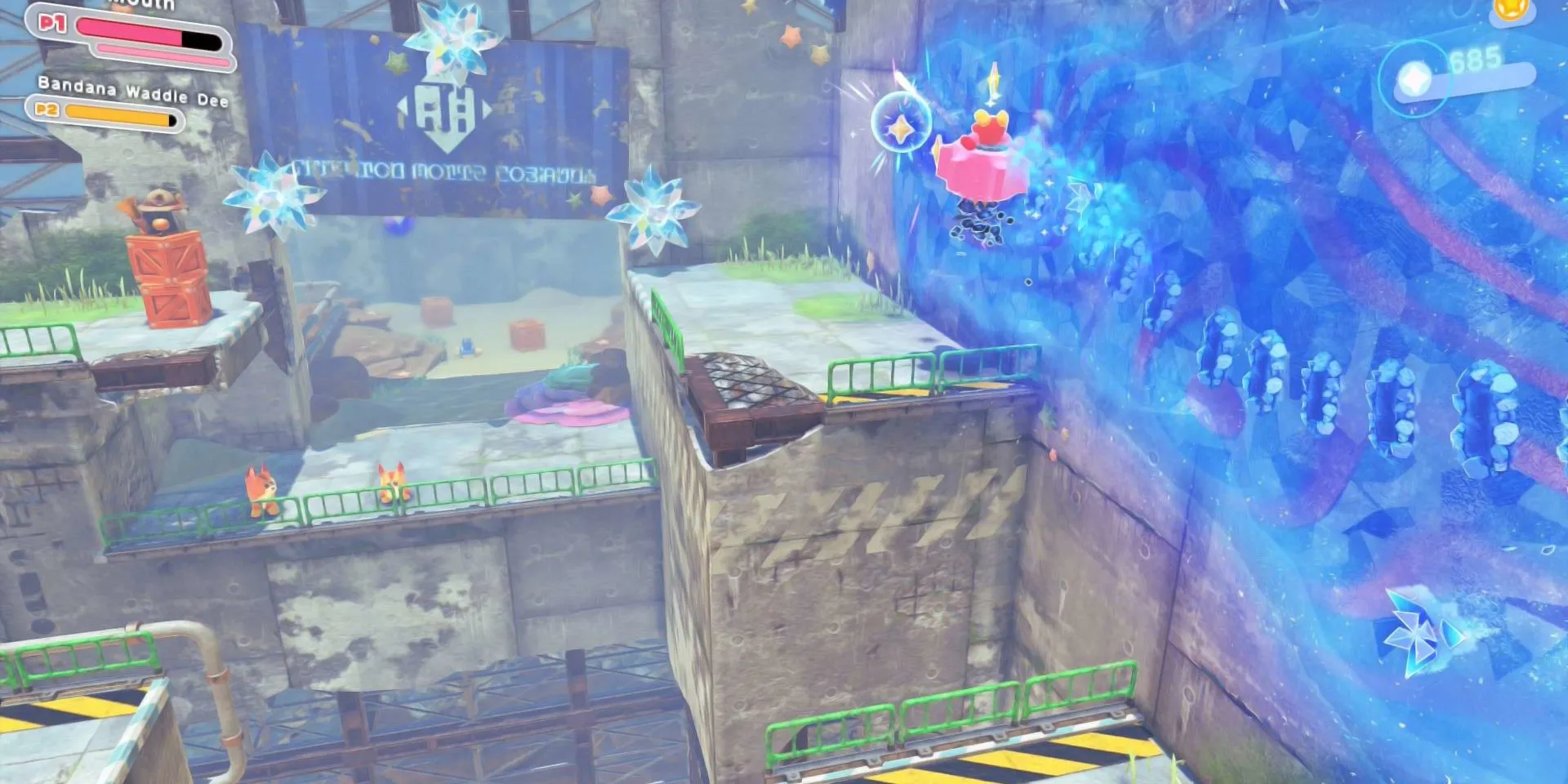 Kirby trong Mouthful Mode dạng bánh răng, một trong những khả năng mới của DLC Star-Crossed World
