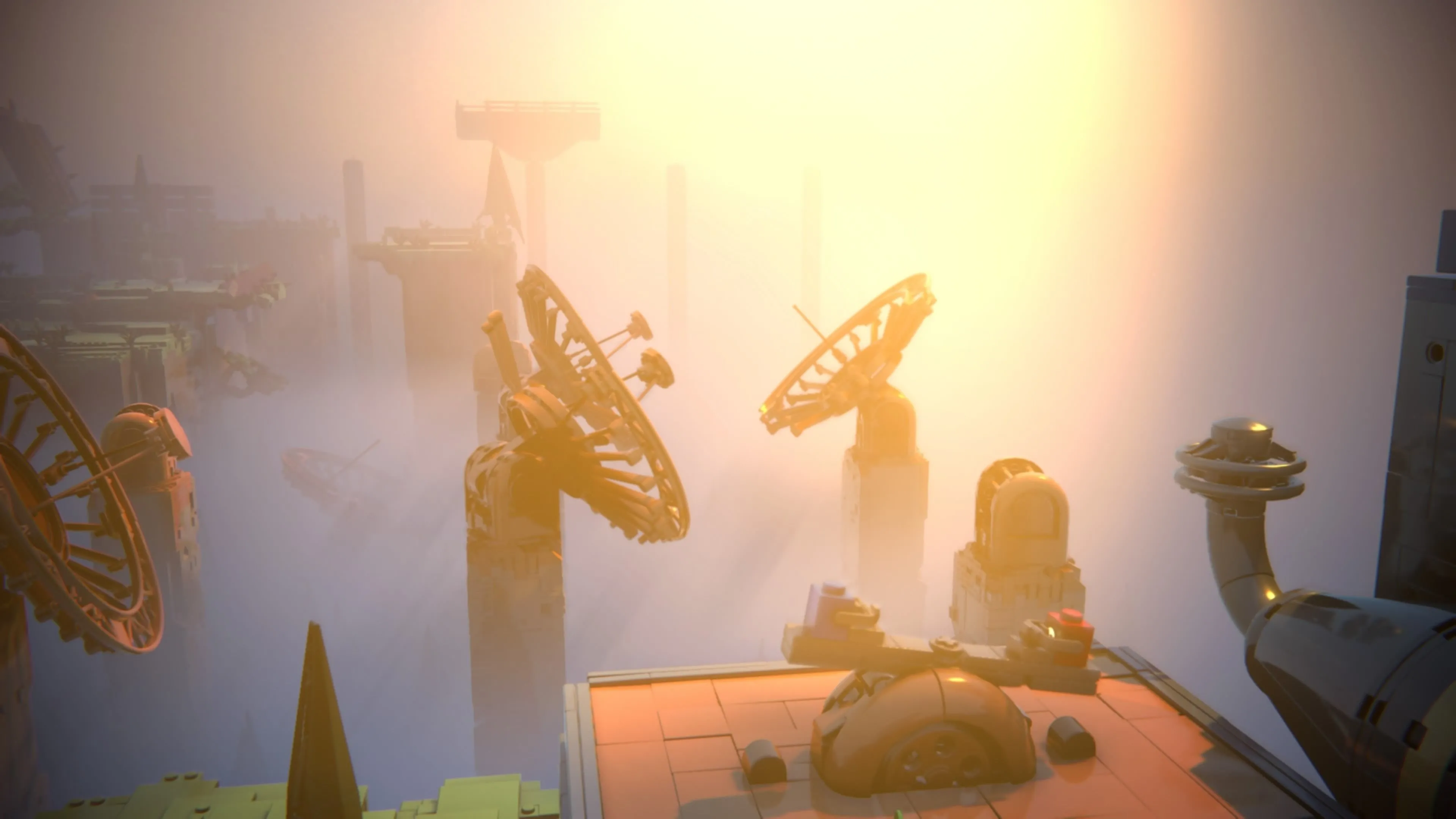 LEGO Voyagers: Hai nhân vật ngồi trên một chiếc bập bênh gỗ có hình dạng độc đáo, hướng ra xa khung cảnh của những chiếc đĩa vệ tinh