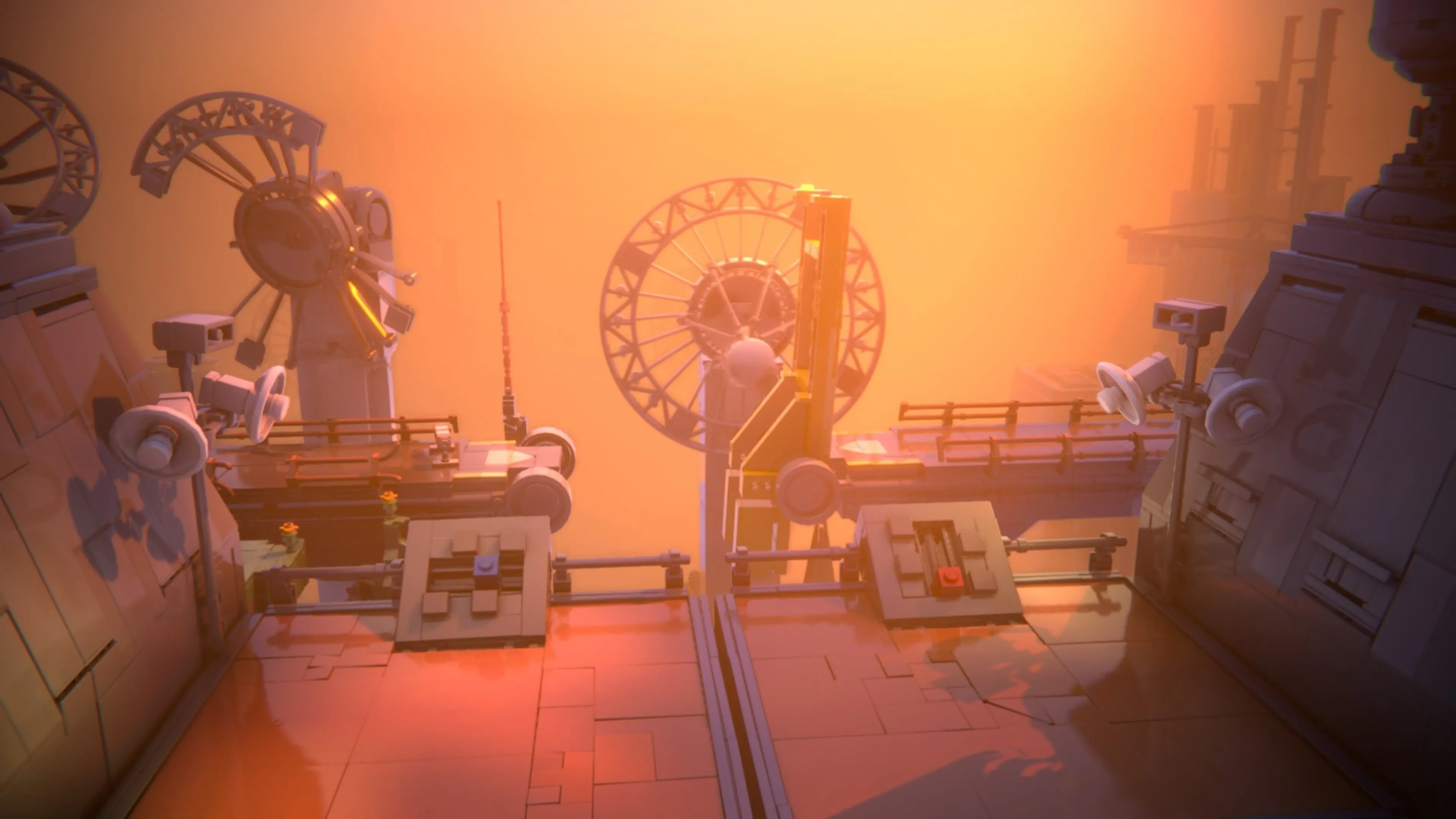 LEGO Voyagers: Hai nhân vật Red và Blue đang điều khiển một chiếc đĩa vệ tinh khổng lồ với hai cần gạt, tìm kiếm các tín hiệu radio