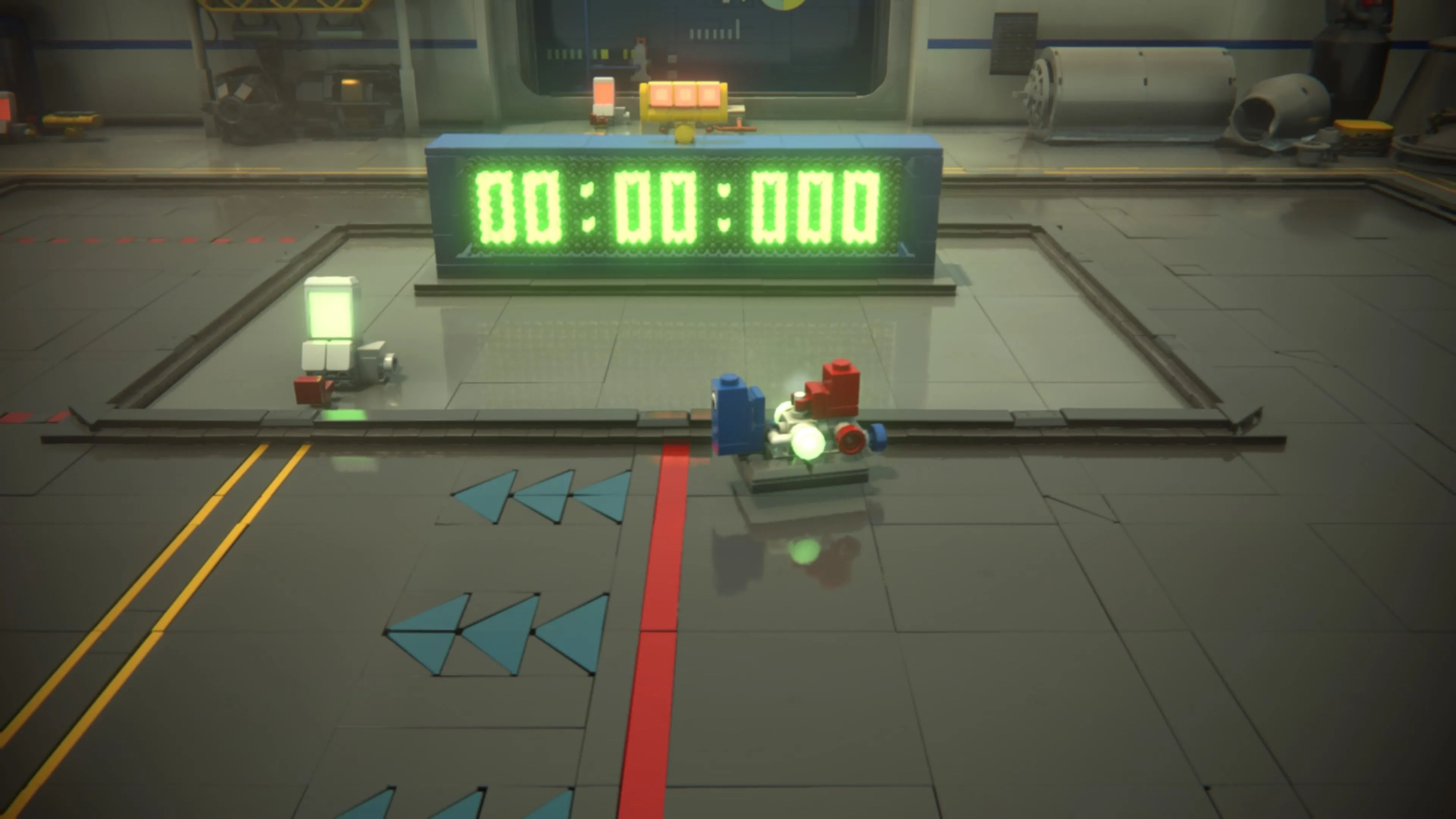 LEGO Voyagers: Hai nhân vật Red và Blue đang điều khiển một phương tiện trượt trên một đường đua hình tròn, thể hiện một thử thách trong việc lái xe không ma sát