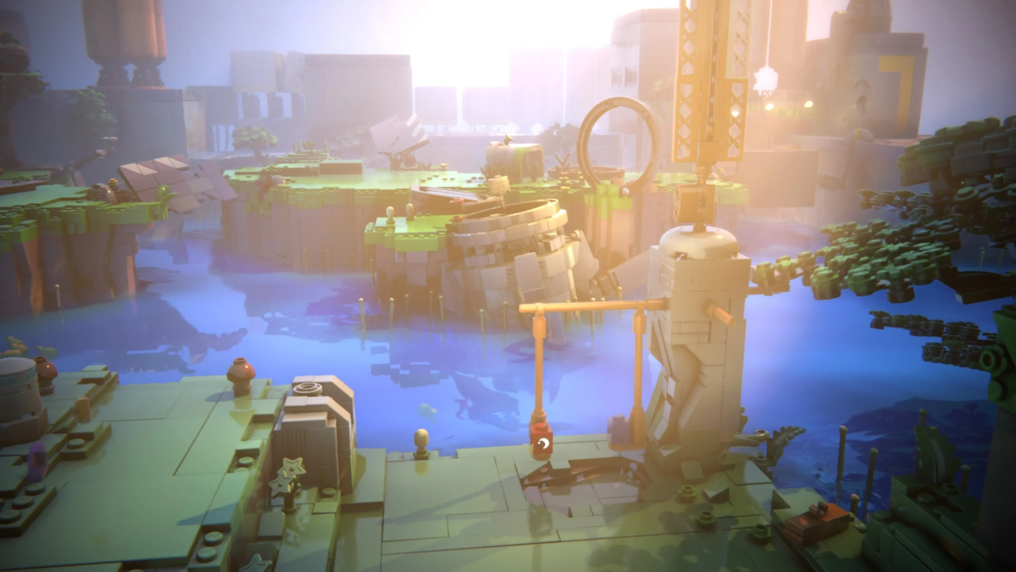 LEGO Voyagers: Hai nhân vật Red và Blue đang đu đưa trên hai chiếc xích đu gỗ treo từ một cái cây bên vách đá