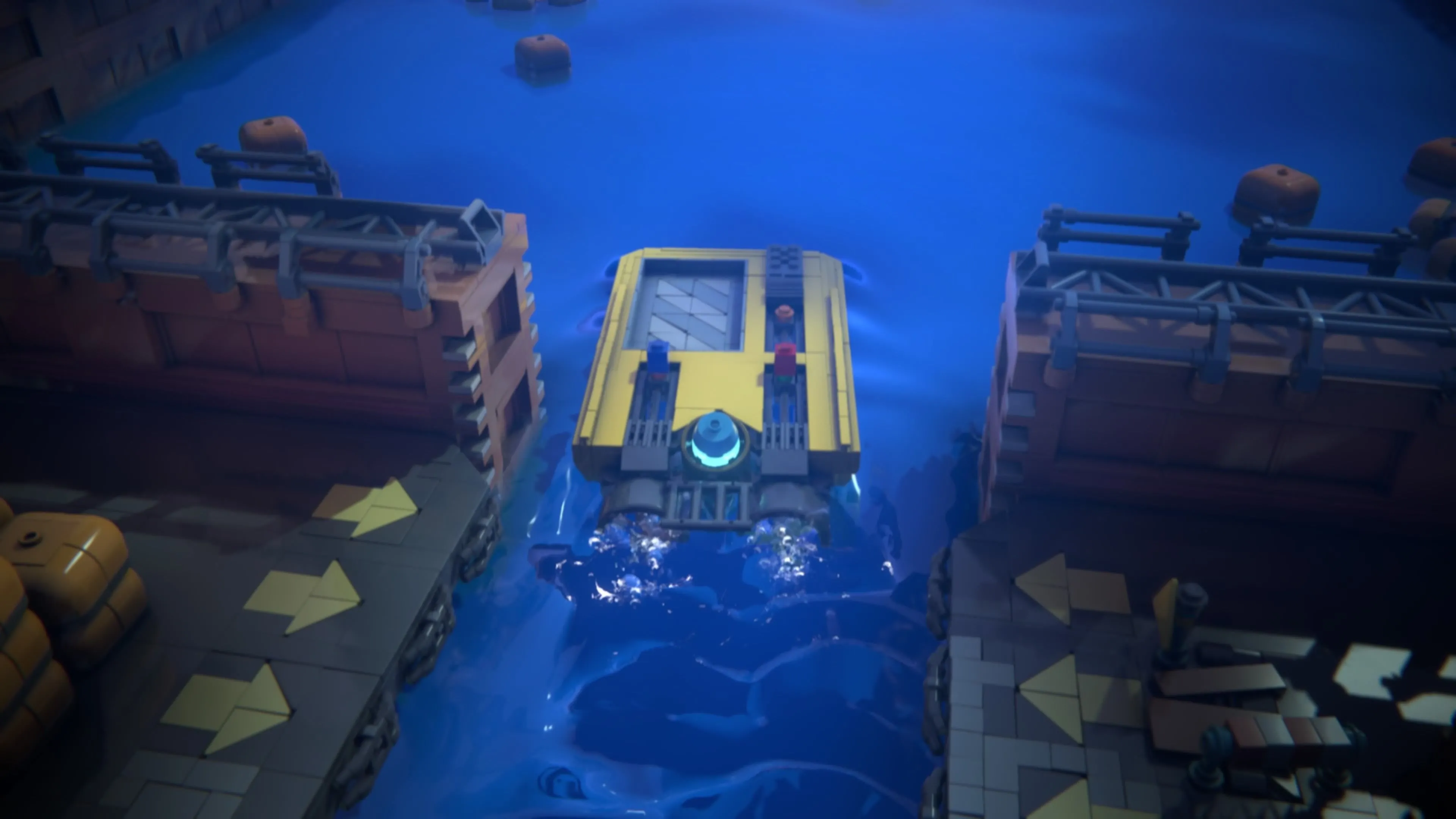 LEGO Voyagers: Hai nhân vật Red và Blue đang gắn vào các công tắc phía sau một chiếc thuyền LEGO màu vàng để điều khiển nó